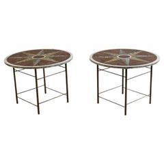 Pair of Vintage Pietra Dura Italian Marble and Brass Tables Geometric Pattern