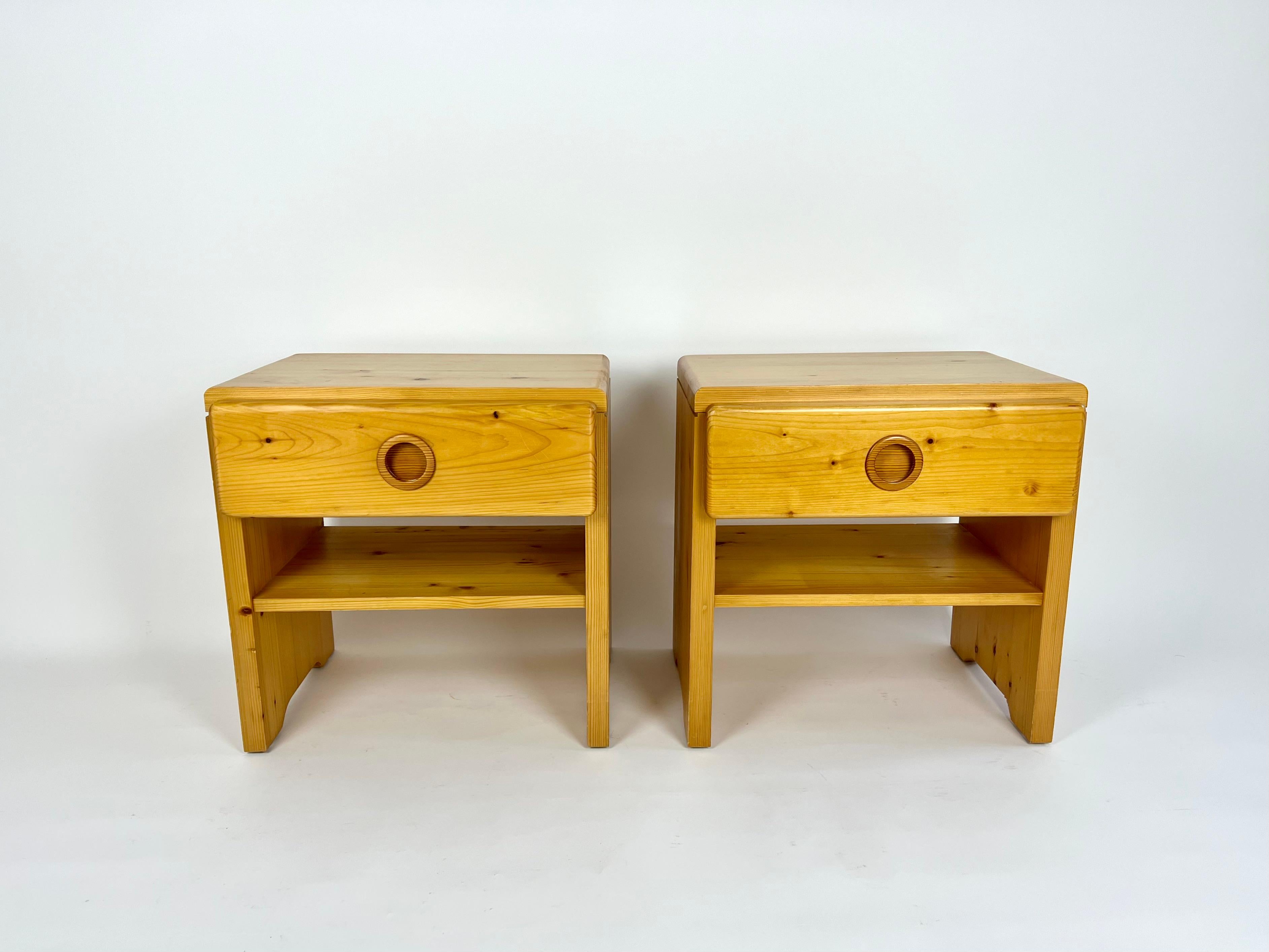 French Pair of vintage pine bedside tables from Les Arcs, France. Charlotte Perriand