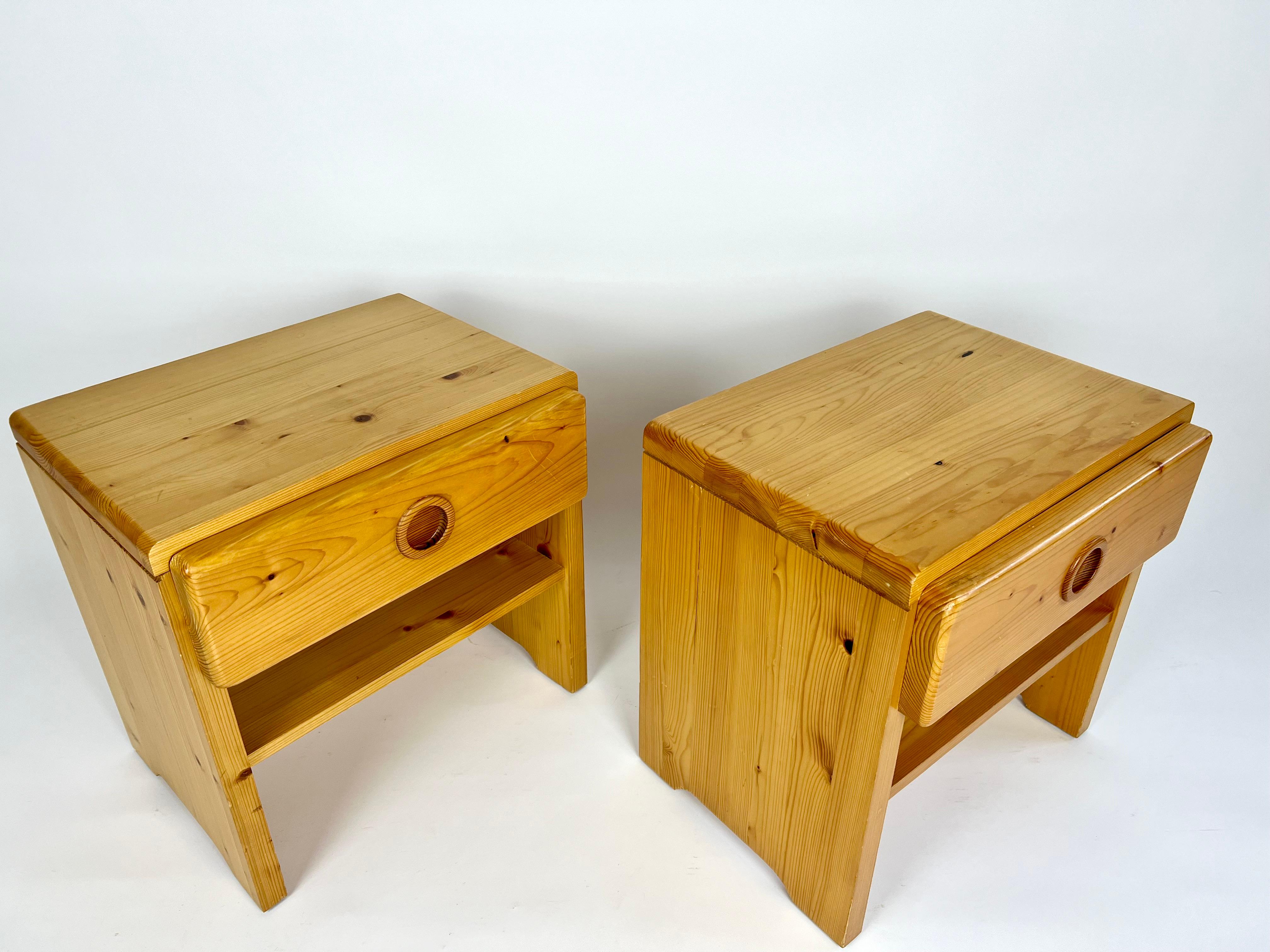 Late 20th Century Pair of vintage pine bedside tables from Les Arcs, France. Charlotte Perriand