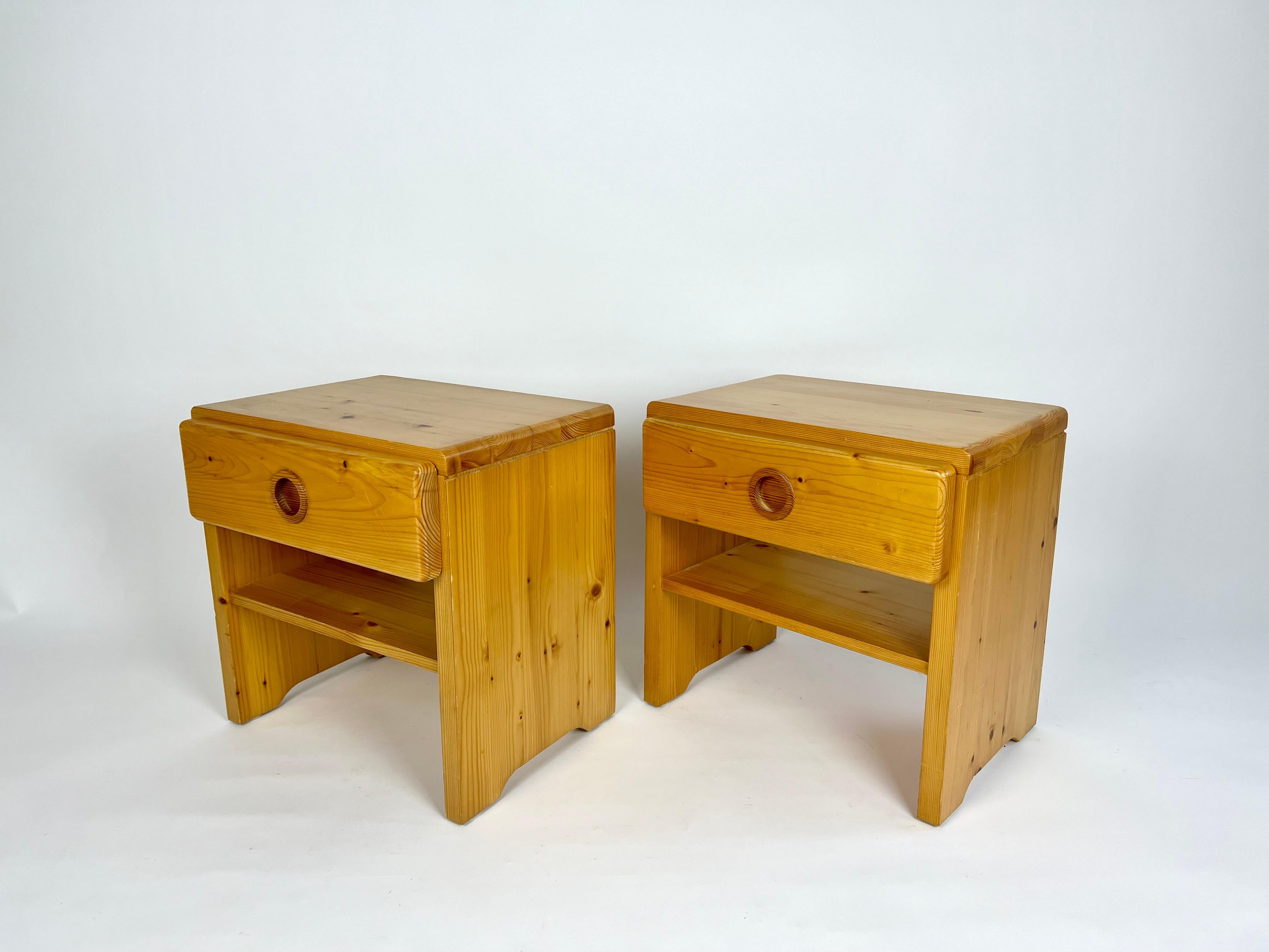 Pine Pair of vintage pine bedside tables from Les Arcs, France. Charlotte Perriand