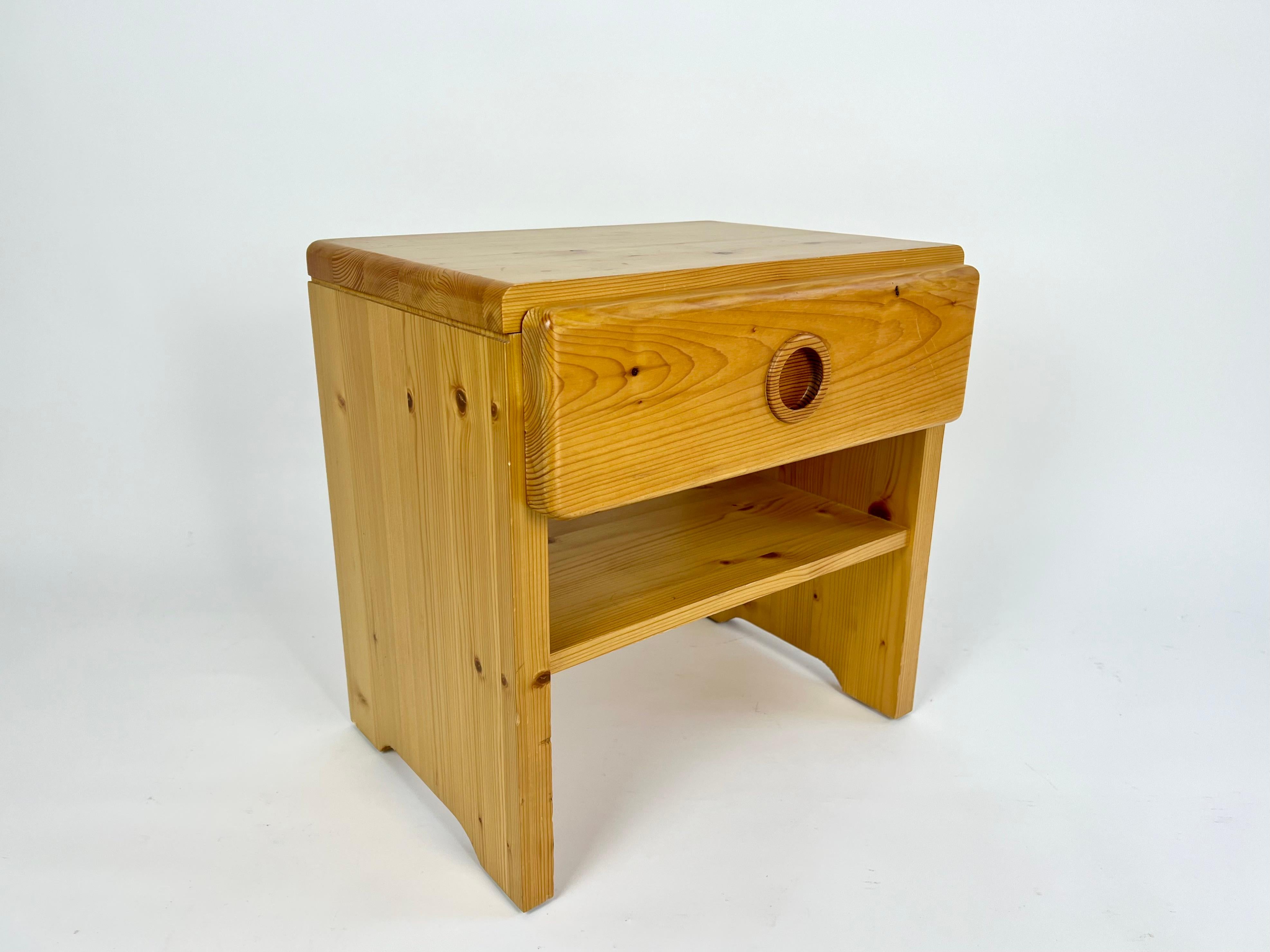 Pair of vintage pine bedside tables from Les Arcs, France. Charlotte Perriand 1