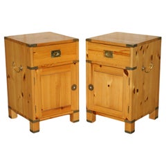 Pair of Vintage Pine & Brass Military Campaign Side Cupboards Chest of Drawers