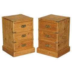 Pair of Vintage Pine & Brass Military Campaign Side End Table Chest of Drawers