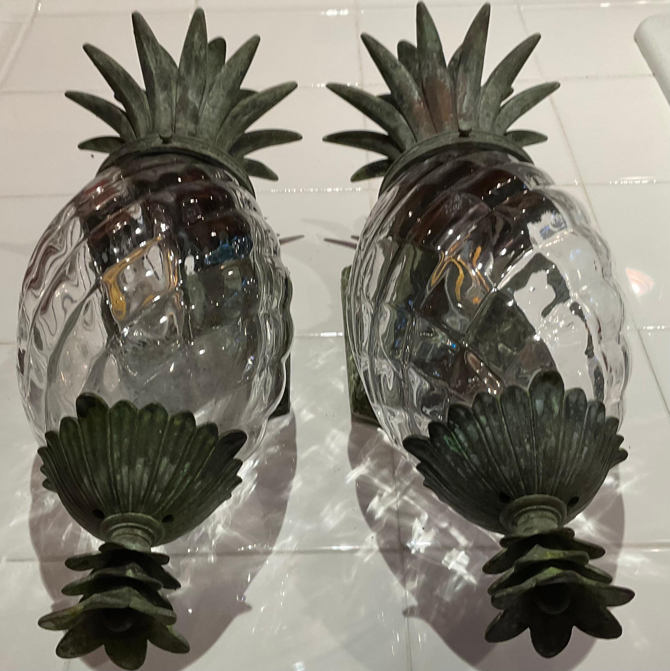 Pair Of Vintage Pineapple Bronze and Brass Sconces - Tropical Elegance 6
