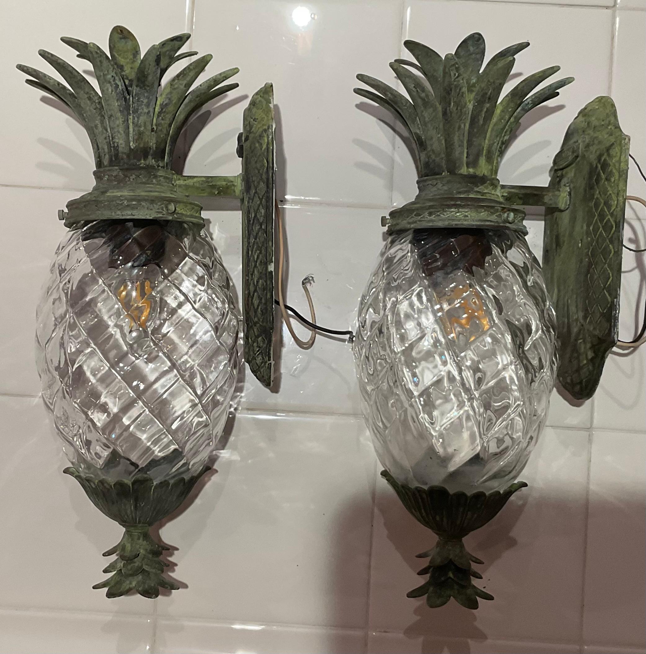 Pair Of Vintage Pineapple Bronze and Brass Sconces - Tropical Elegance In Good Condition In Delray Beach, FL