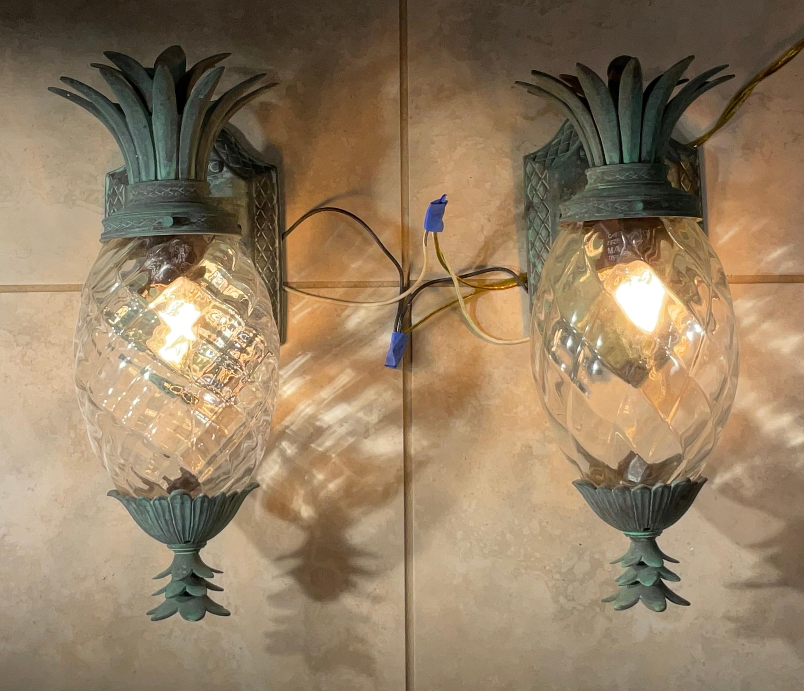 North American Pair Of Vintage Pineapple Bronze and Brass Wall Sconces - Tropical Elegance