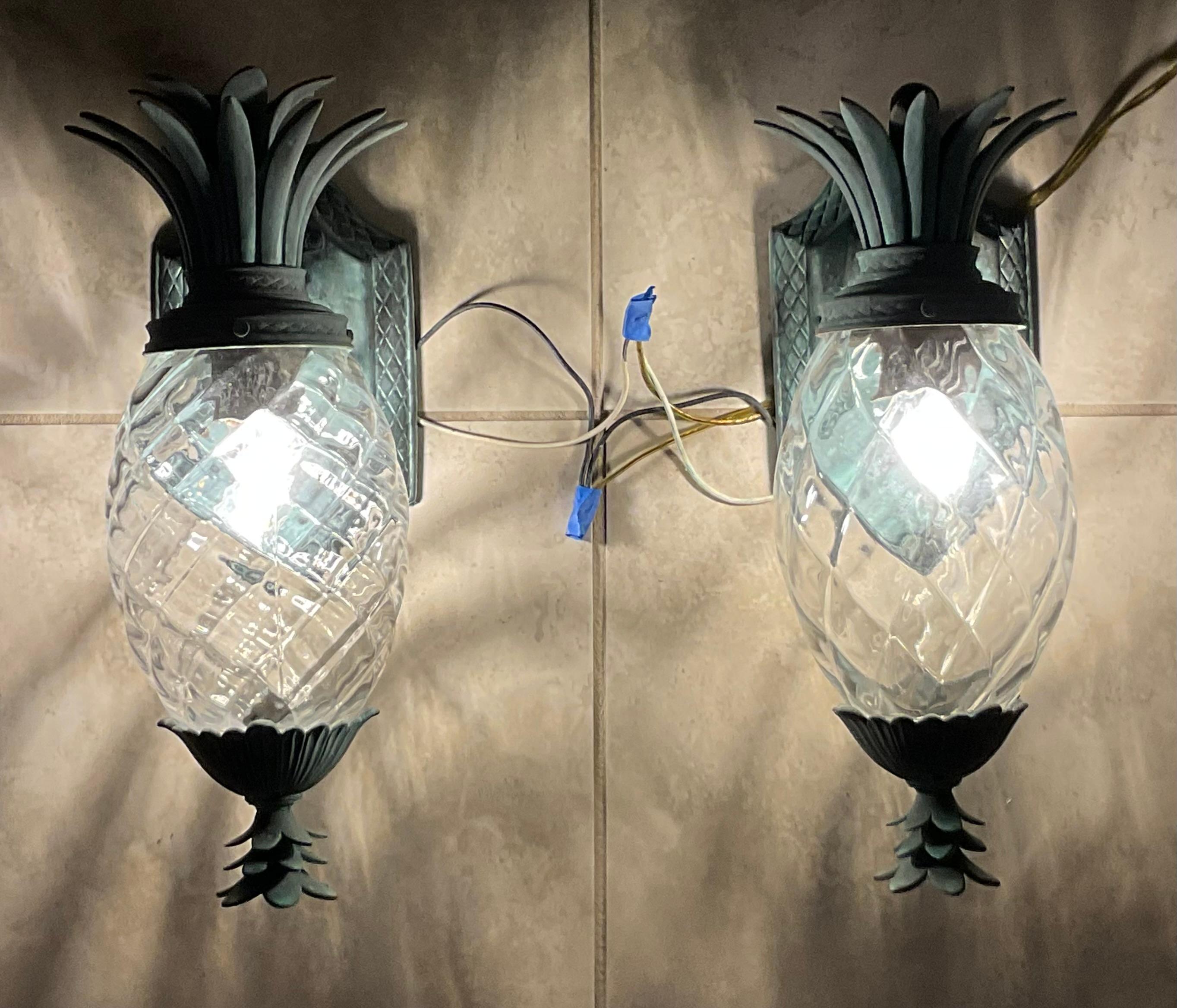 Hand-Crafted Pair Of Vintage Pineapple Bronze and Brass Wall Sconces - Tropical Elegance
