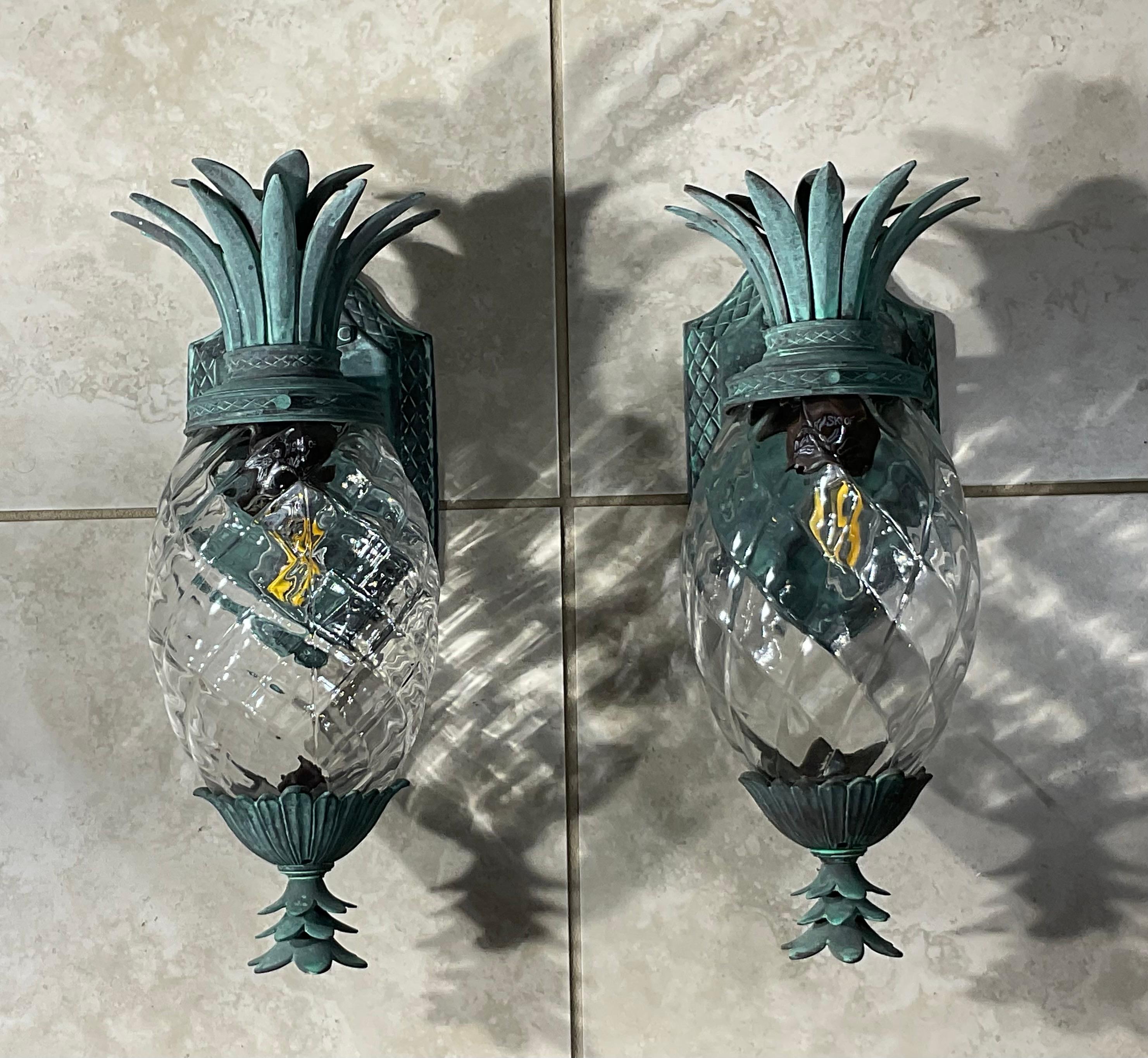 20th Century Pair Of Vintage Pineapple Bronze and Brass Wall Sconces - Tropical Elegance
