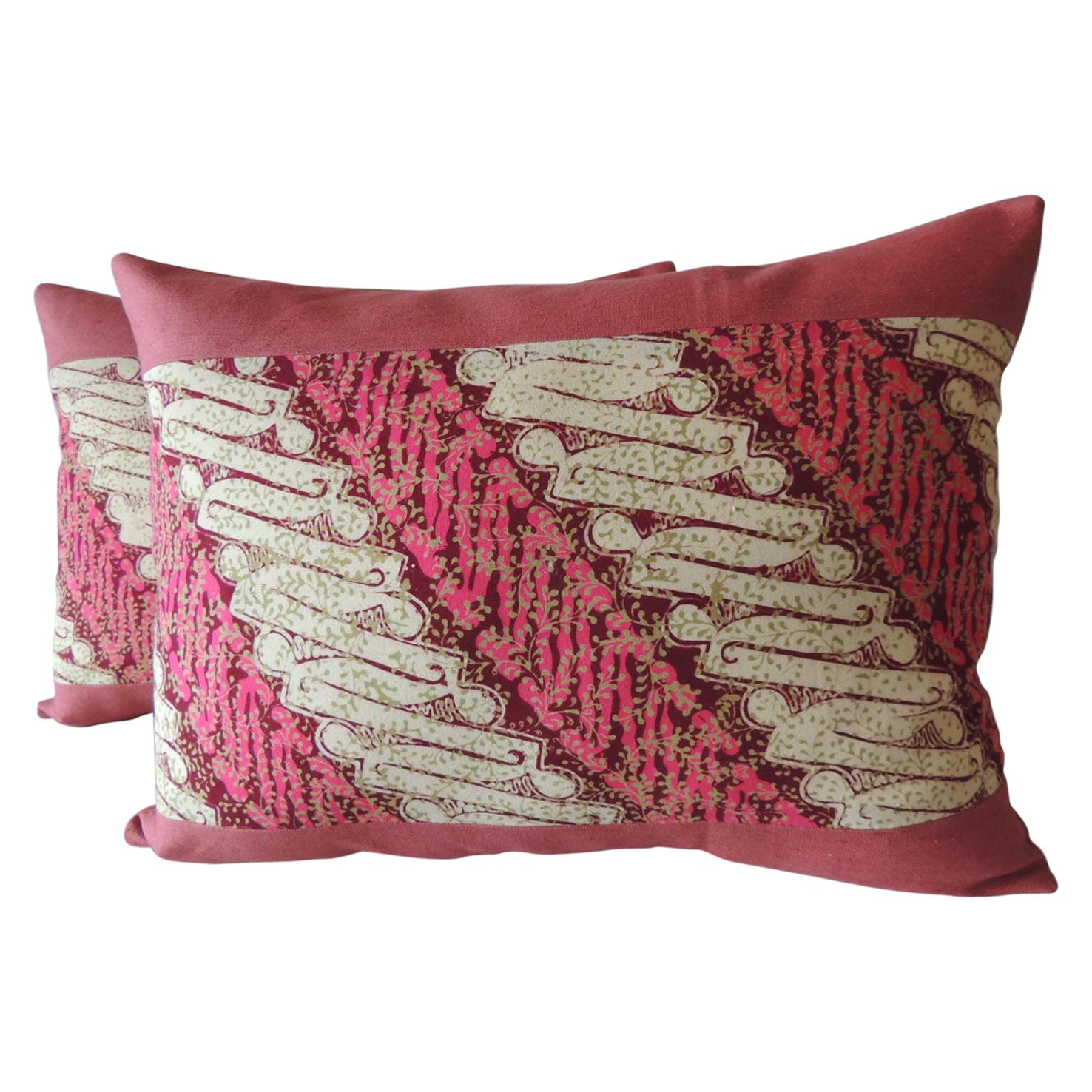 Pair of French Pink and Red Linen Trim Decorative Lumbar Pillows For