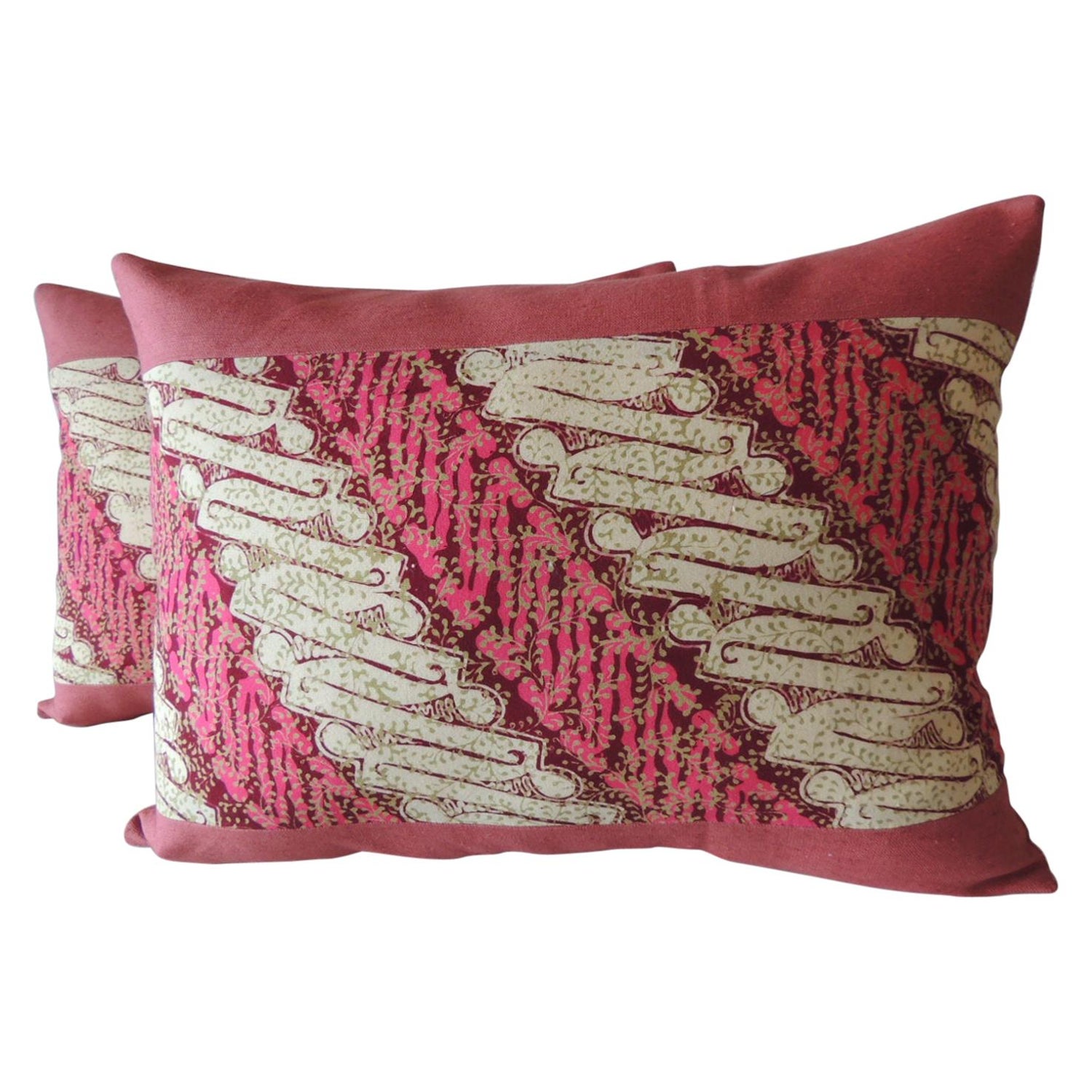 Pair of Vintage Pink and Red Batik Lumbar Decorative Pillows For Sale at  1stDibs