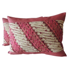 Pair of Vintage Pink and Red Batik Lumbar Decorative Pillows