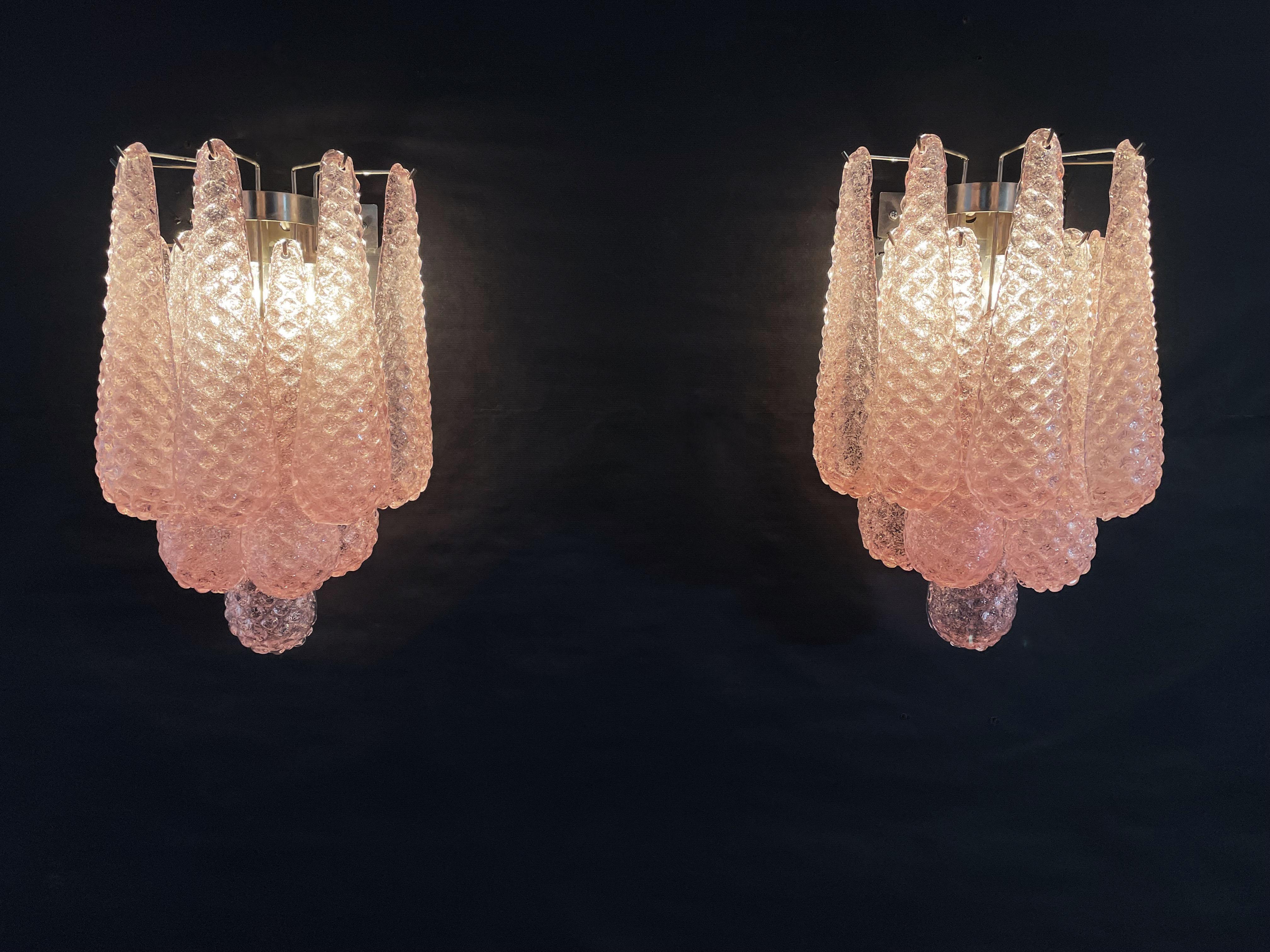 Pair of Vintage Pink Glass Petals Drop Wall Sconce For Sale 8