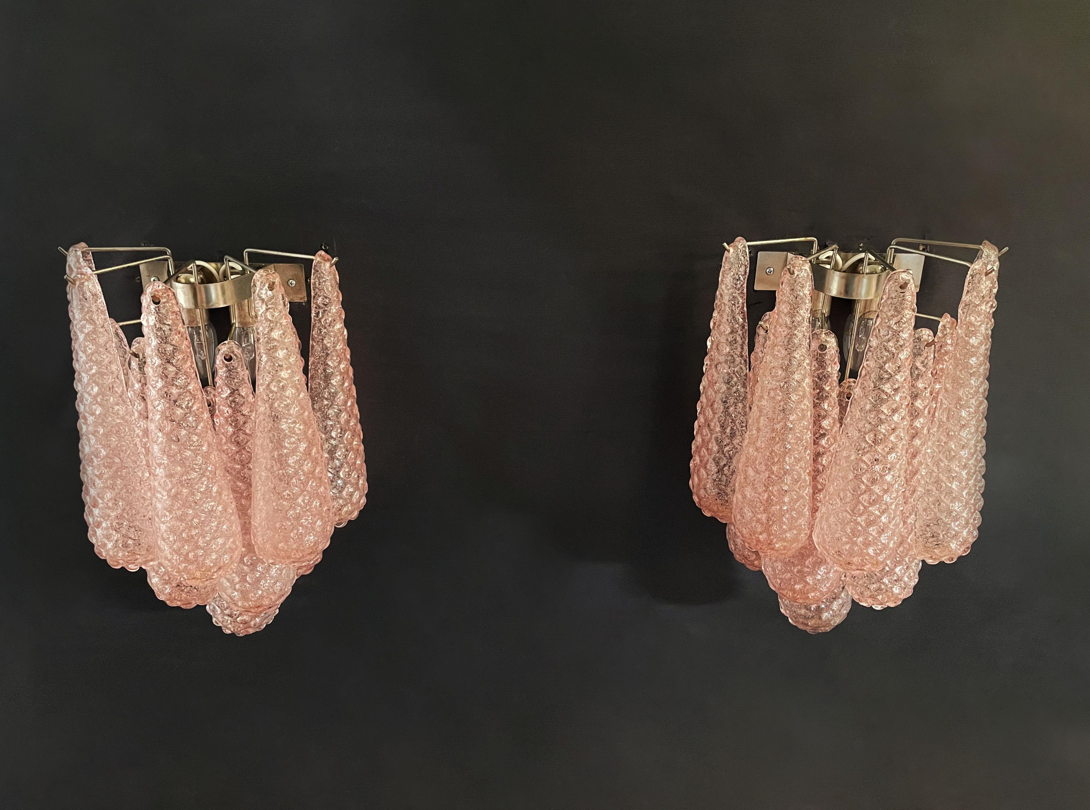 Galvanized Pair of Vintage Pink Glass Petals Drop Wall Sconce