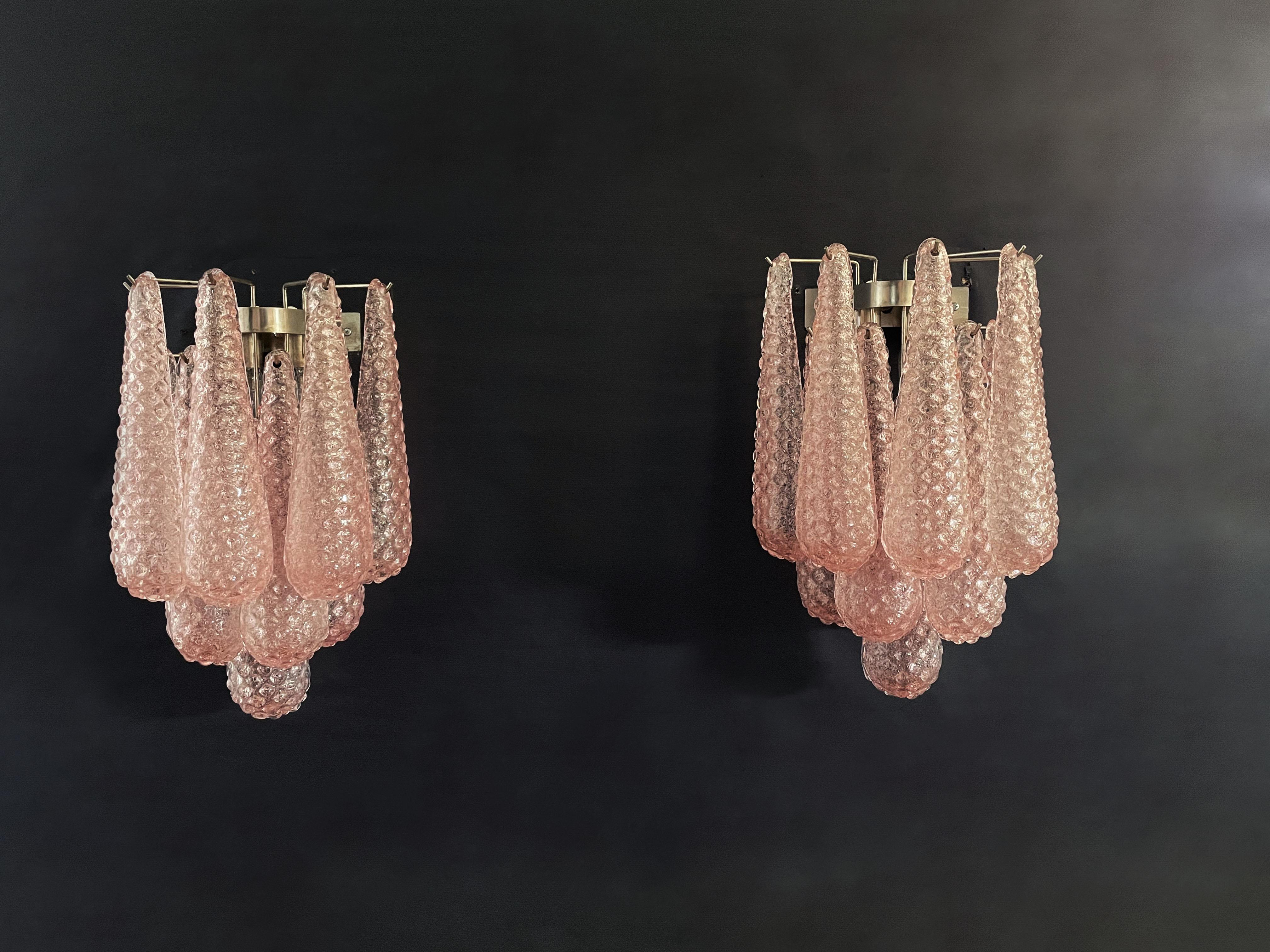 20th Century Pair of Vintage Pink Glass Petals Drop Wall Sconce
