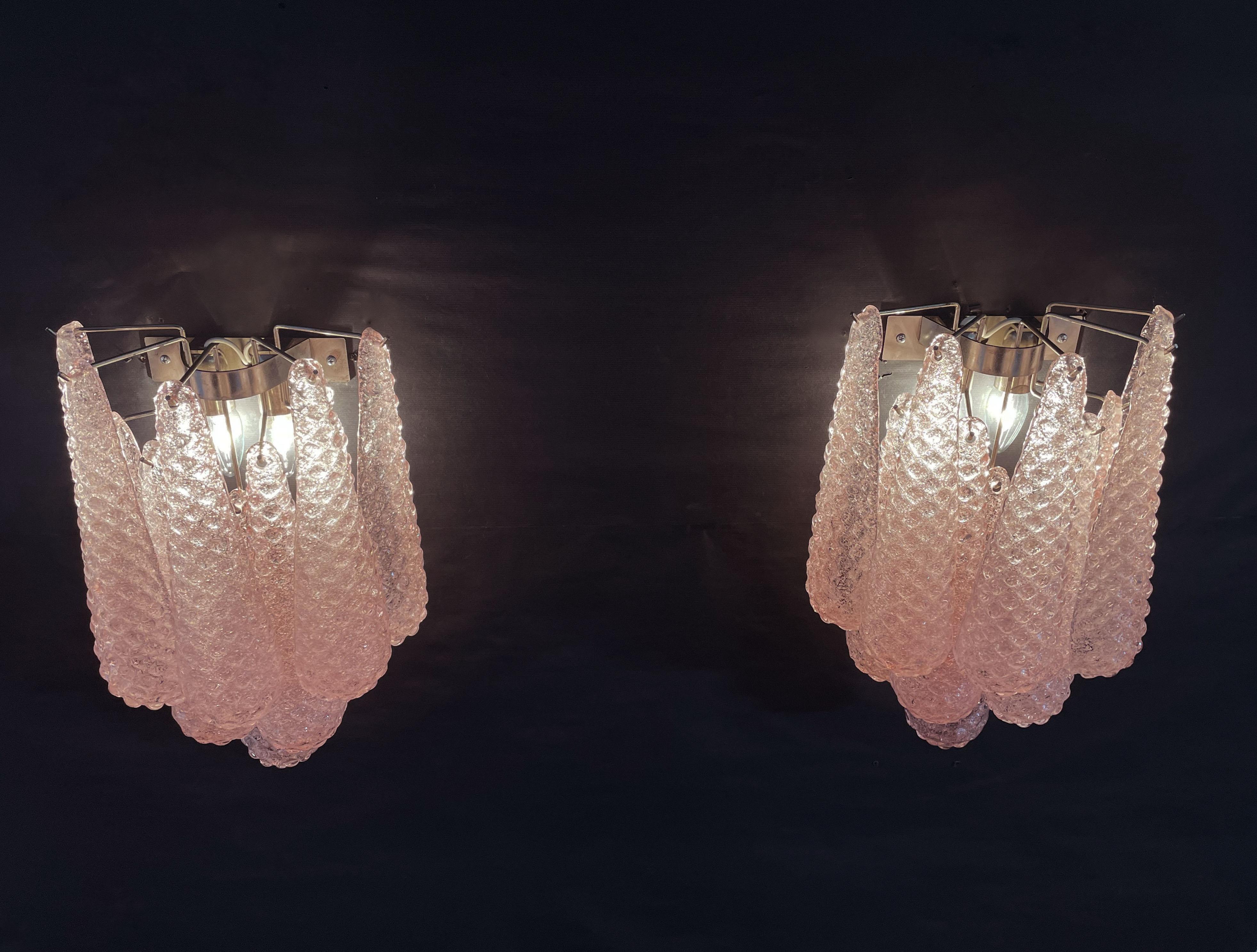 Pair of Vintage Pink Glass Petals Drop Wall Sconce For Sale 1