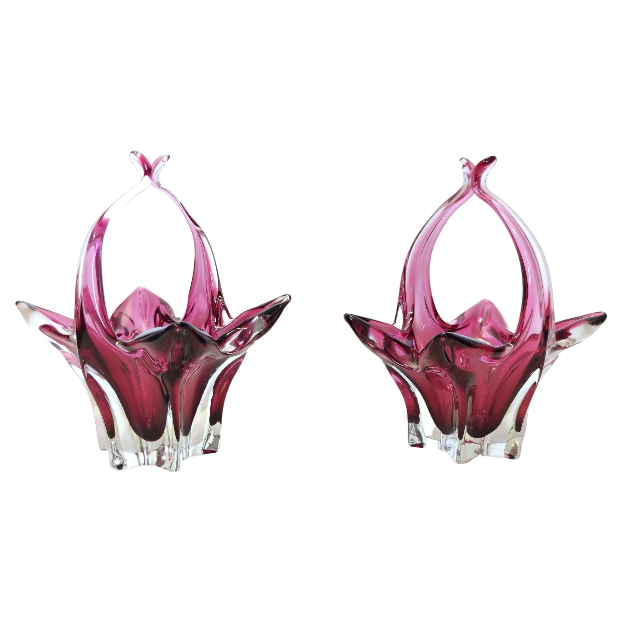 Pair of Vintage Pink Murano Glass Bonbonnières / Bowls, Italy