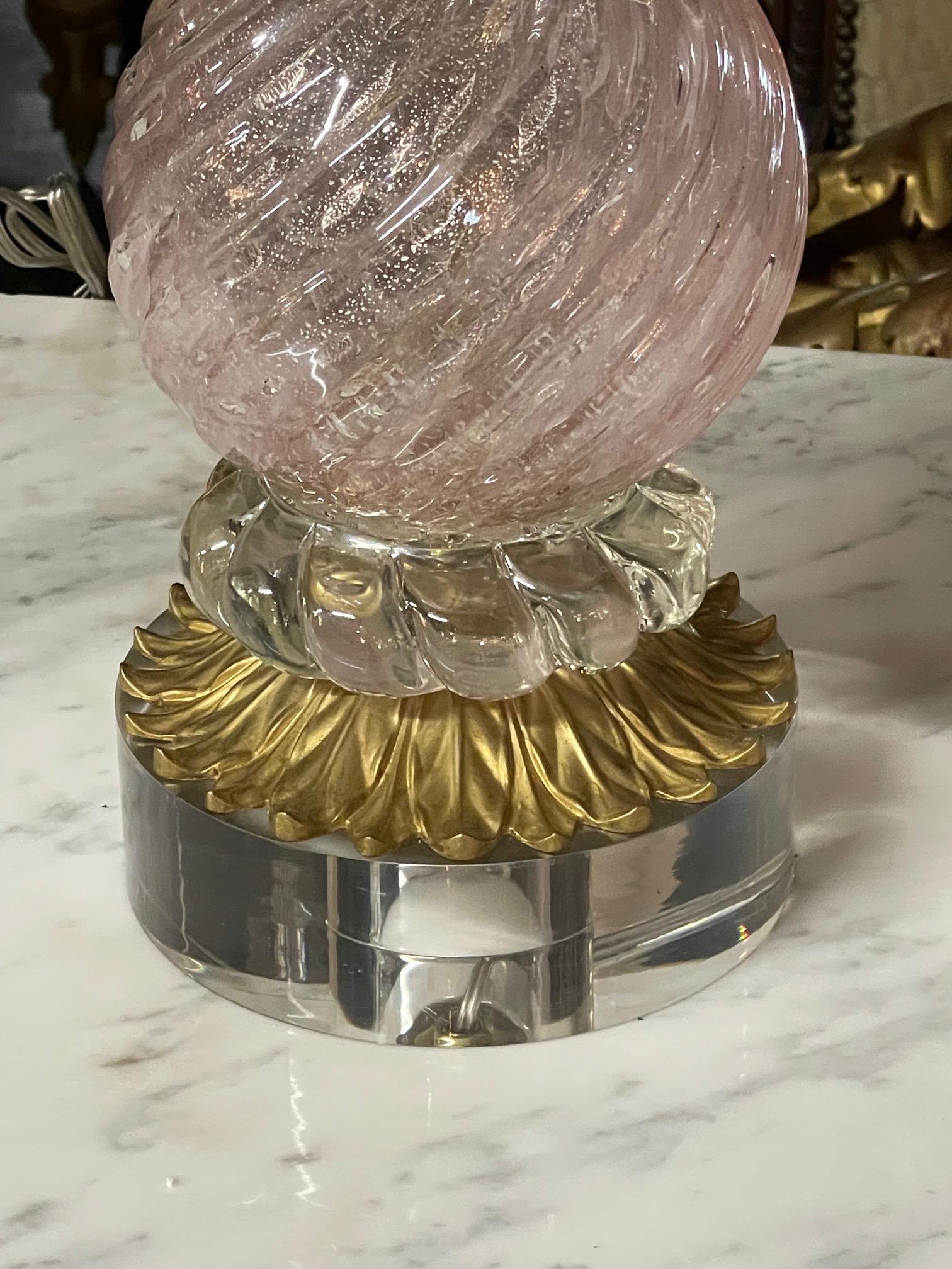 Pair of Vintage Pink Murano Glass Lamps In Good Condition In Dallas, TX