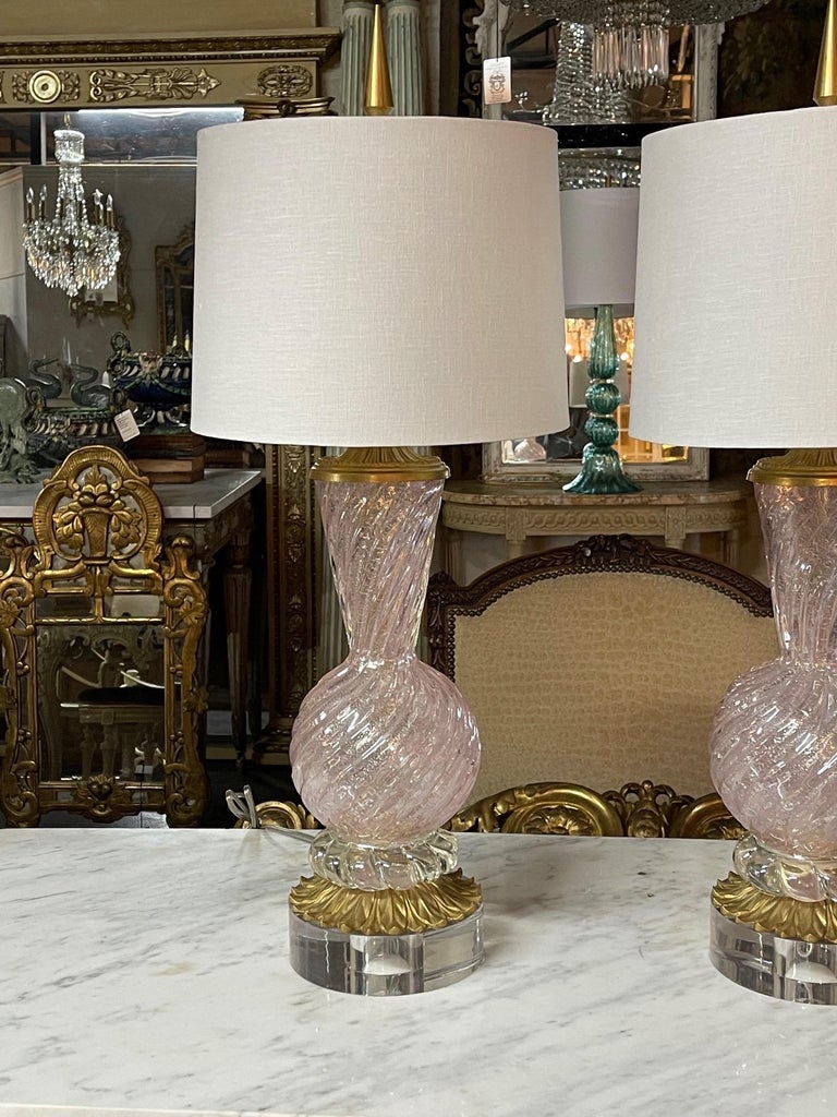 Pair of Vintage Pink Murano Glass Lamps For Sale 1
