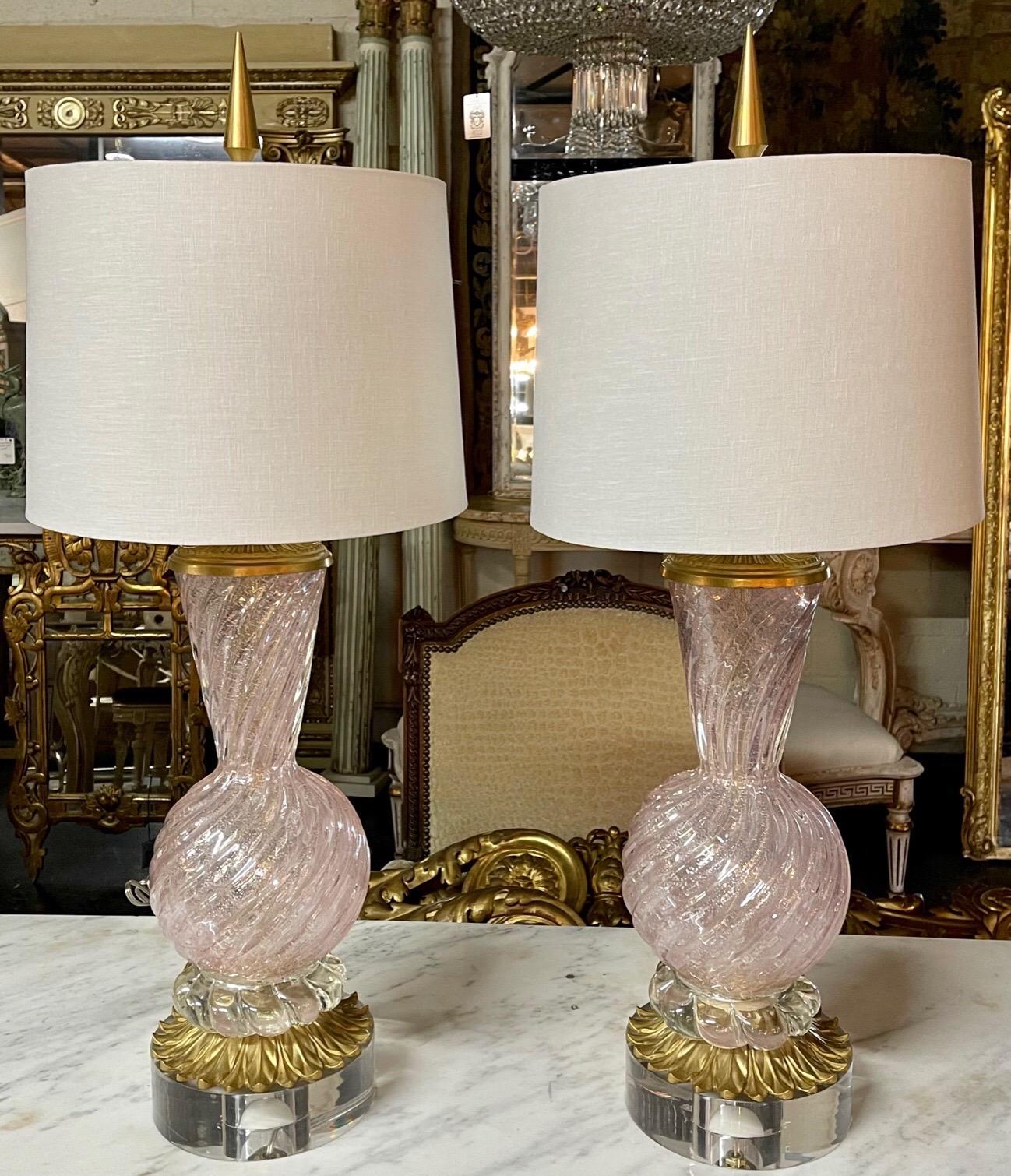 Pair of Vintage Pink Murano Glass Lamps 3