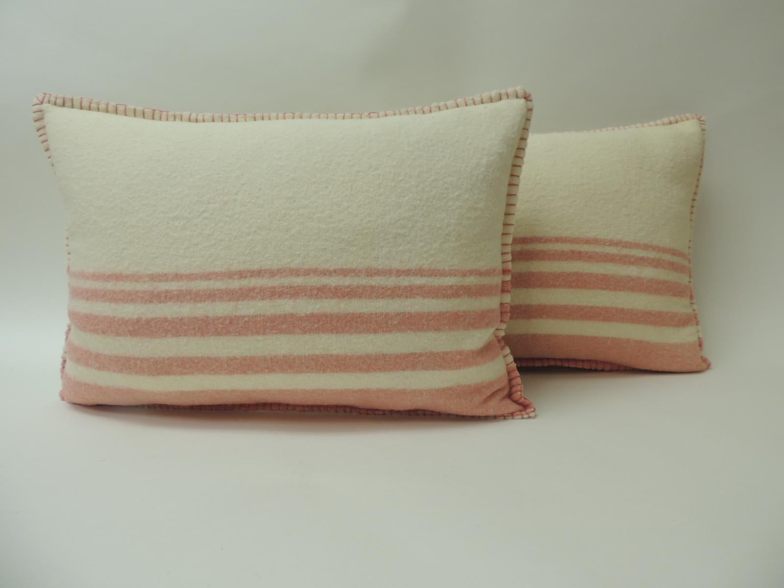 Mid-Century Modern Pair of Vintage Pink & Natural Stripes English Wool Decorative Lumbar Pillows