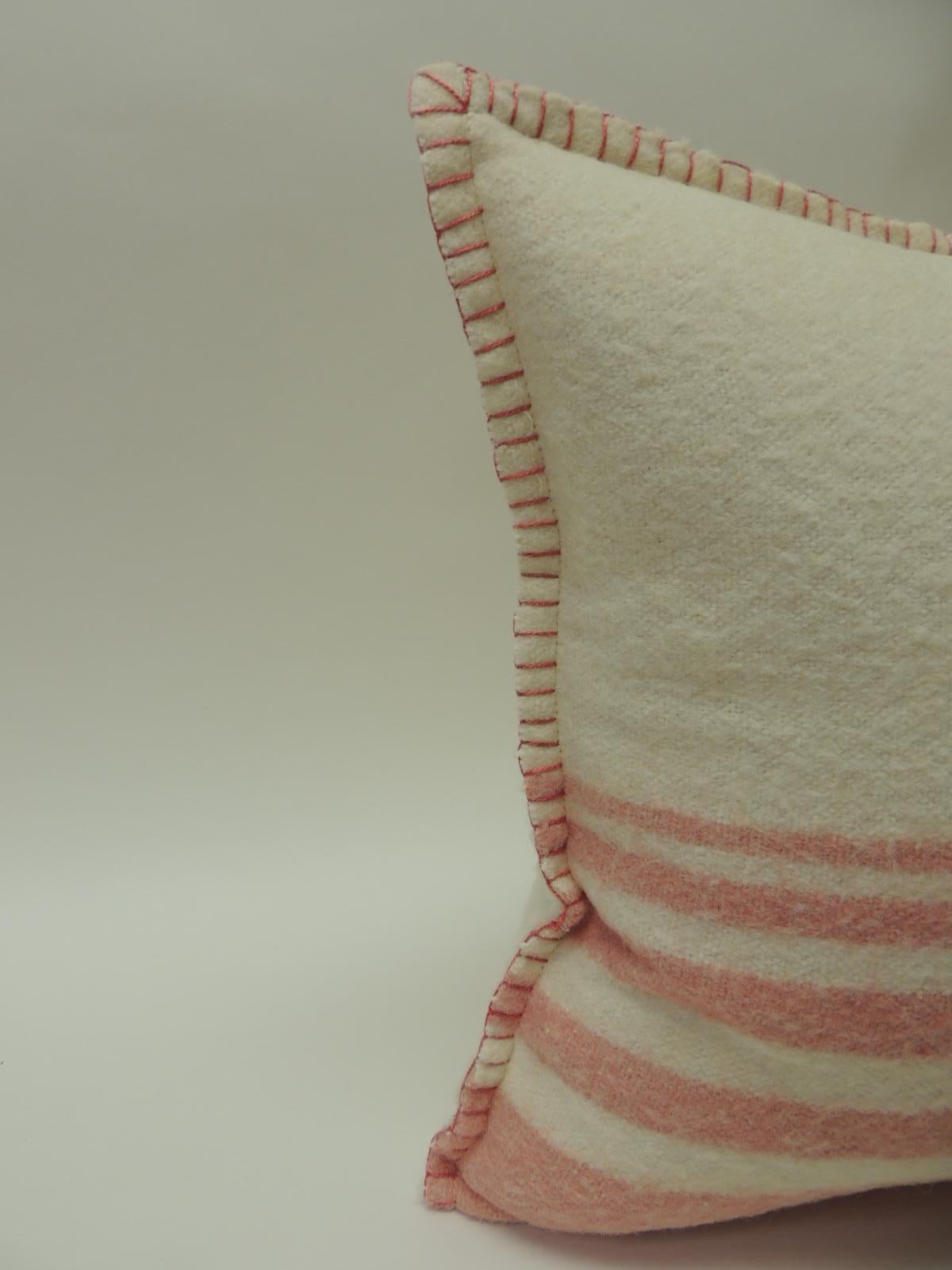 Hand-Crafted Pair of Vintage Pink & Natural Stripes English Wool Decorative Lumbar Pillows