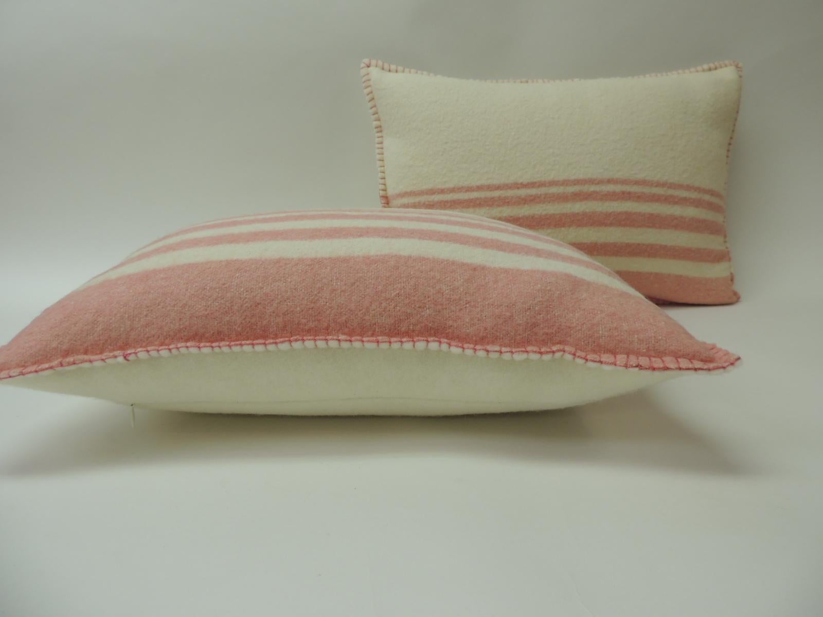 Cotton Pair of Vintage Pink & Natural Stripes English Wool Decorative Lumbar Pillows