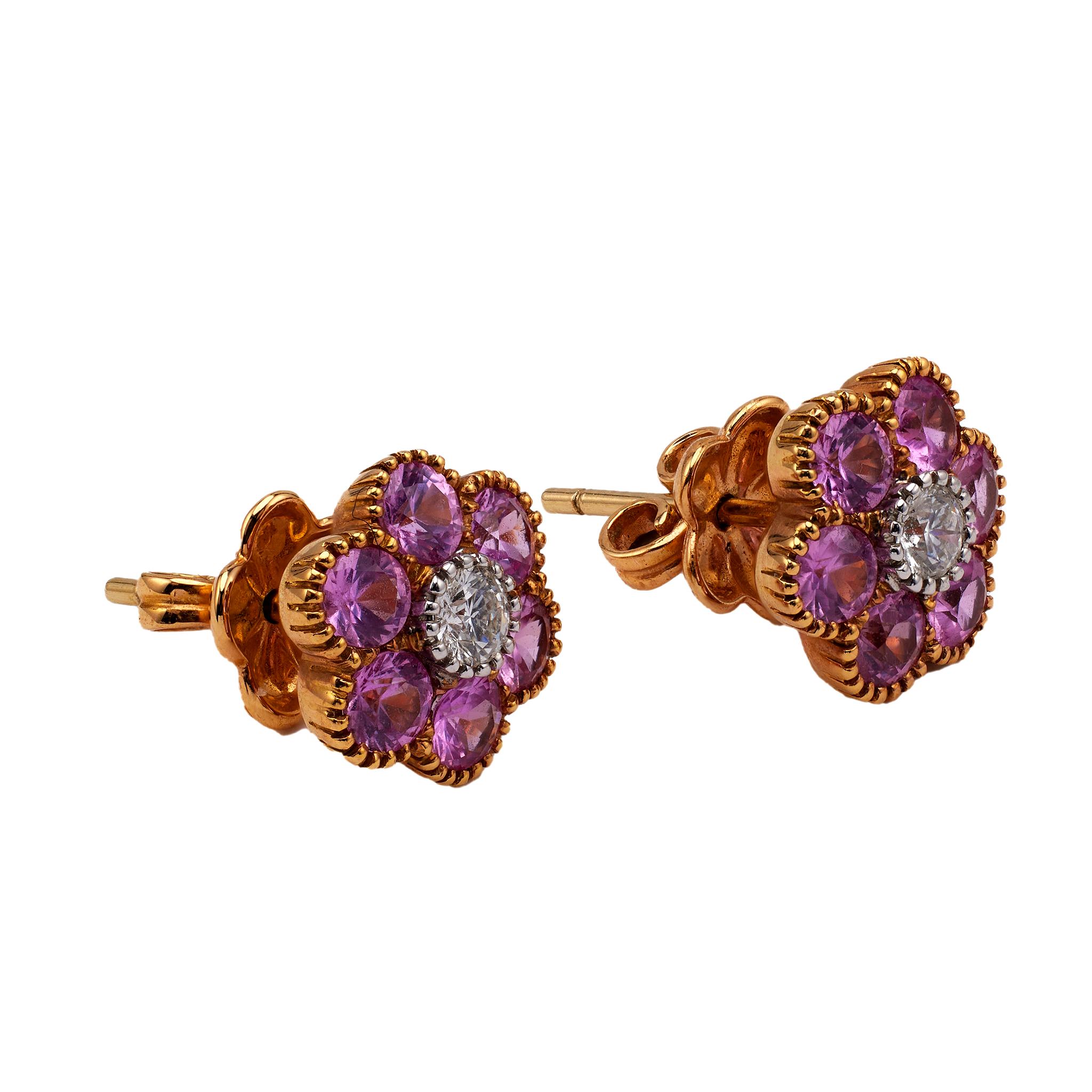 Women's or Men's Pair of Vintage Pink Sapphire and Diamond 18k Yellow Gold Earrings For Sale