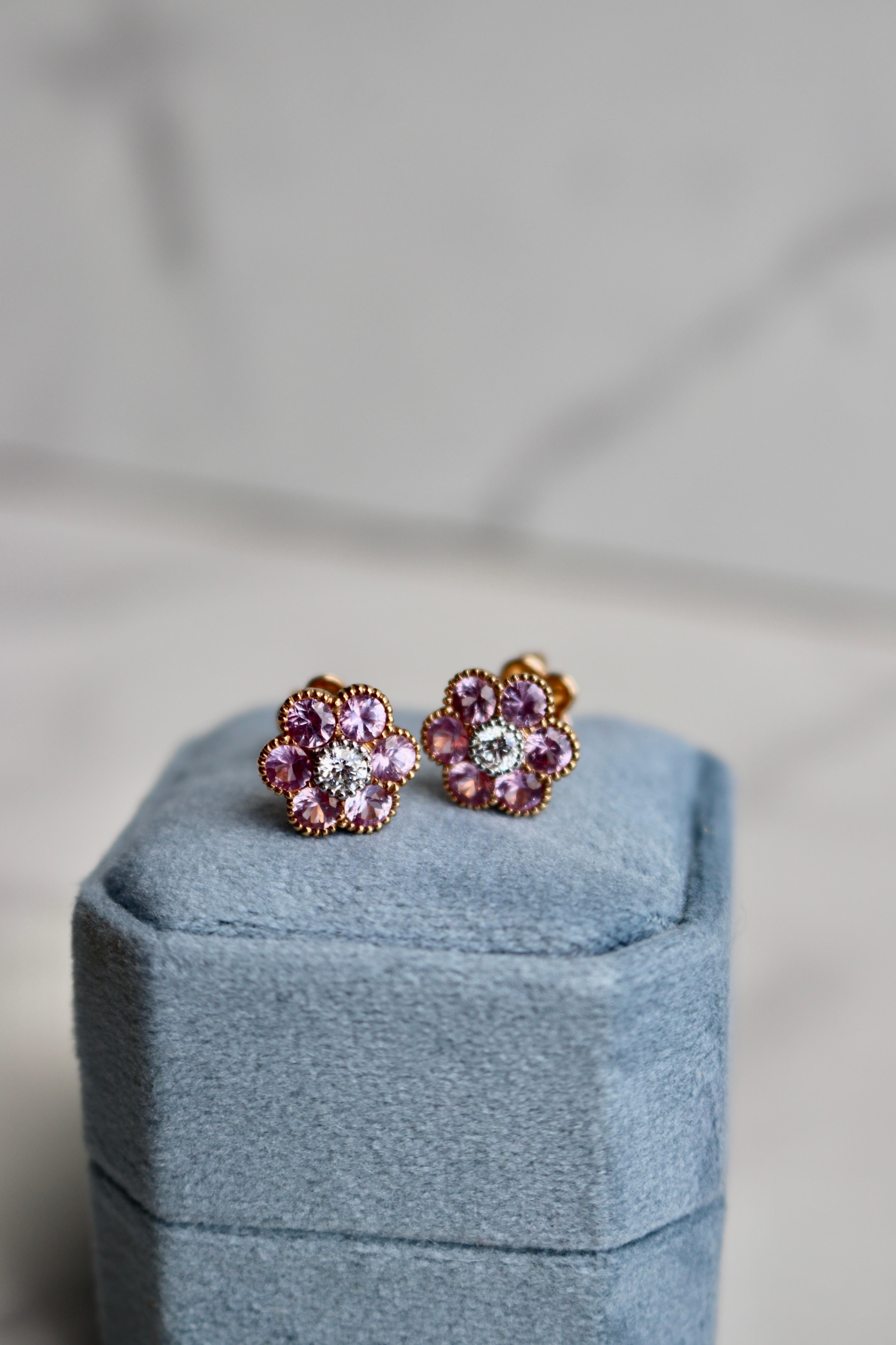 Pair of Vintage Pink Sapphire and Diamond 18k Yellow Gold Earrings For Sale 1