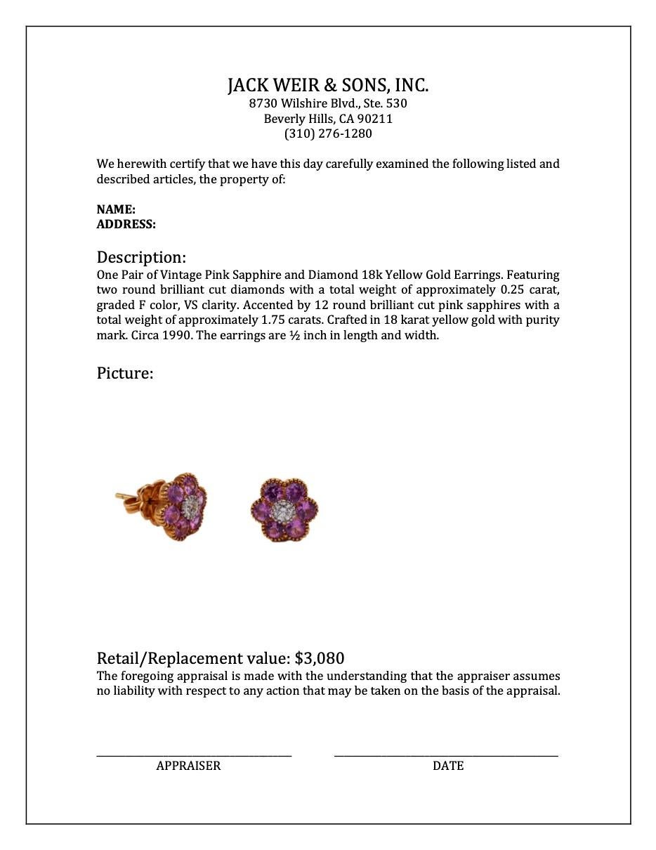 Pair of Vintage Pink Sapphire and Diamond 18k Yellow Gold Earrings For Sale 2