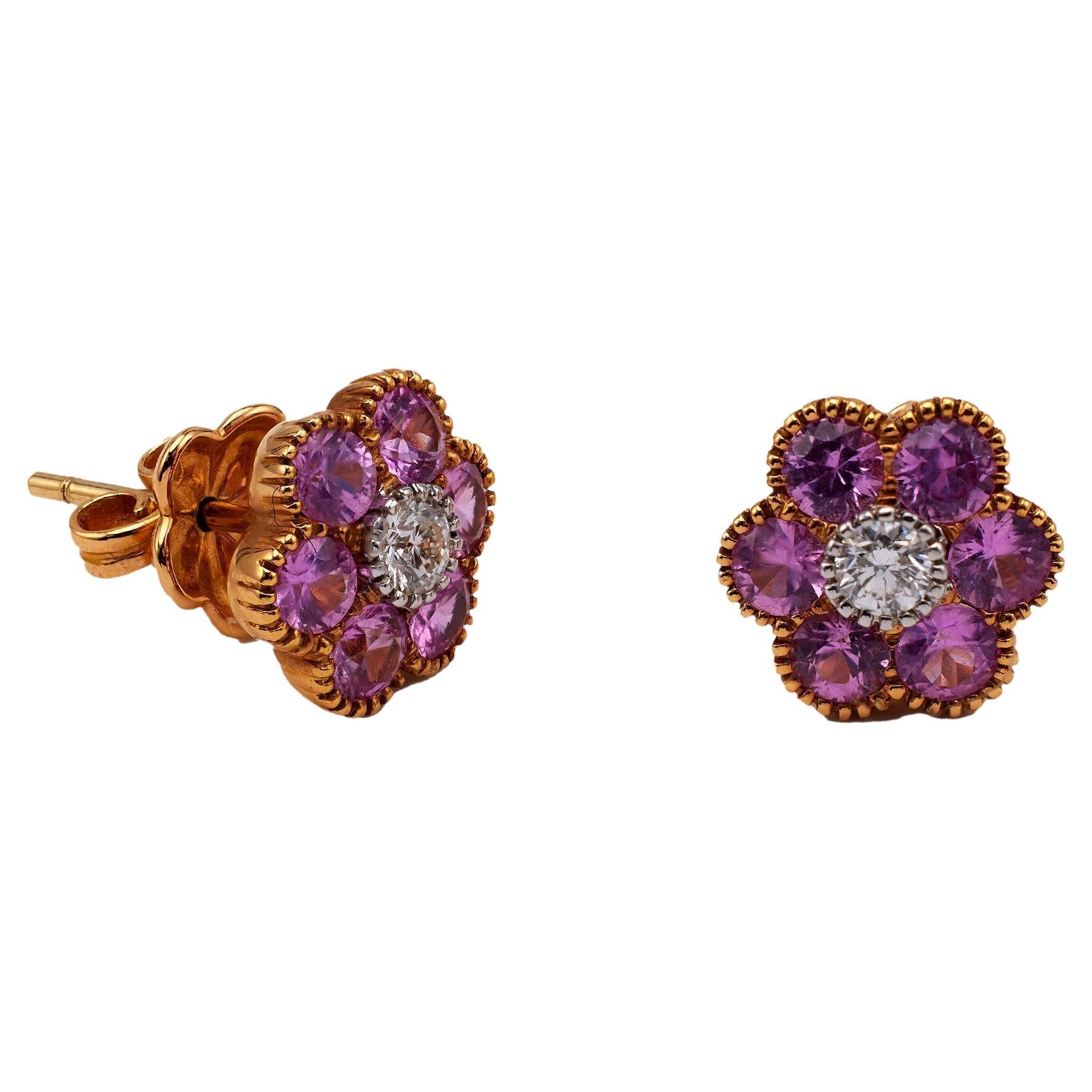Pair of Vintage Pink Sapphire and Diamond 18k Yellow Gold Earrings For Sale