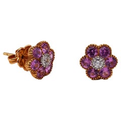 Pair of Retro Pink Sapphire and Diamond 18k Yellow Gold Earrings