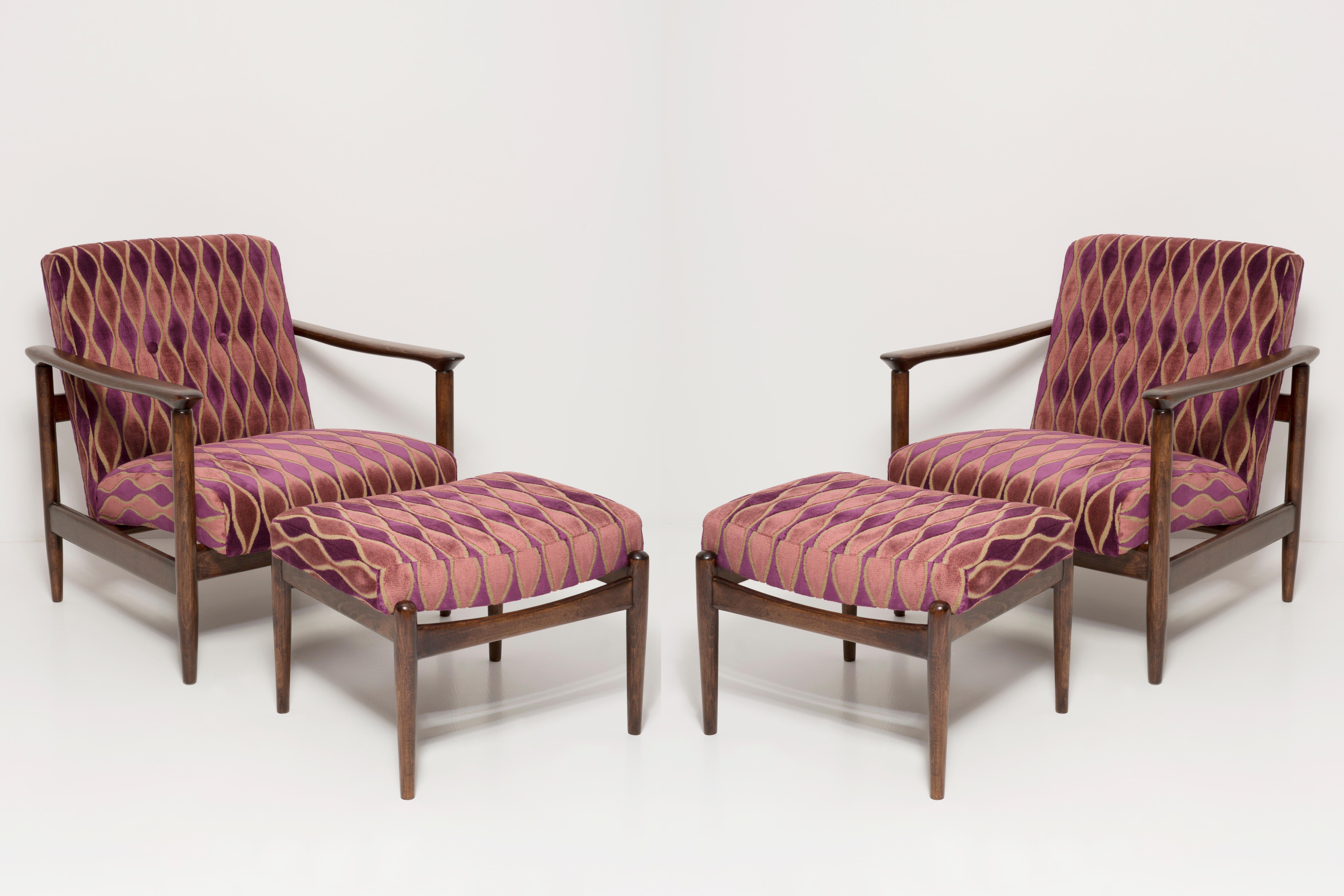 Mid-Century Modern Pair of Vintage Pink Velvet Armchairs and Stools, Edmund Homa, Europe, 1960s For Sale
