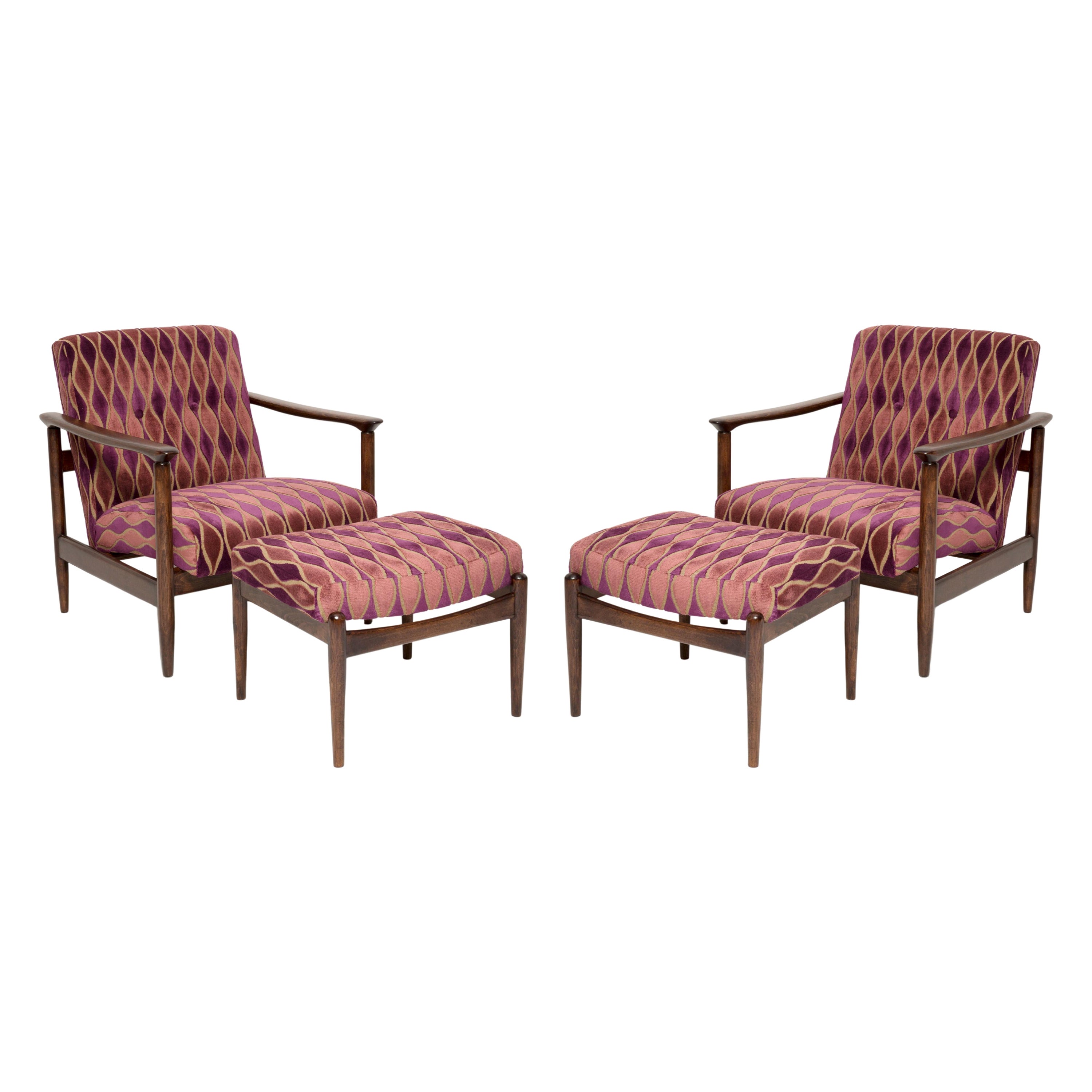 Coppia di poltrone e sgabelli in velluto rosa vintage, Edmund Homa, Europa, anni '60