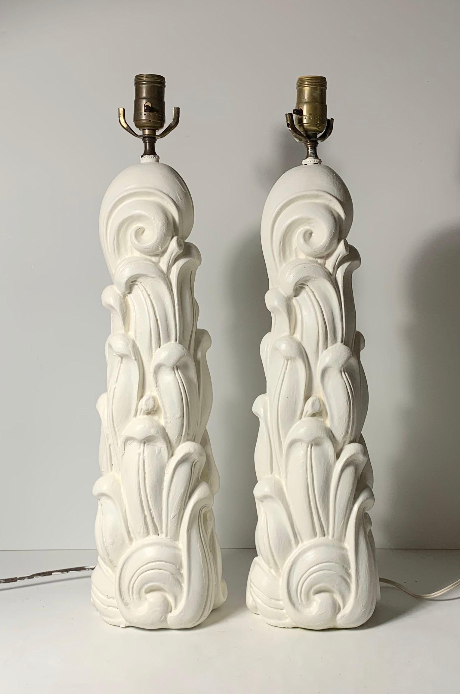Pair of vintage plaster Hollywood Regency mid century lamps. Style Of Serge Roche and Dorothy Draper.