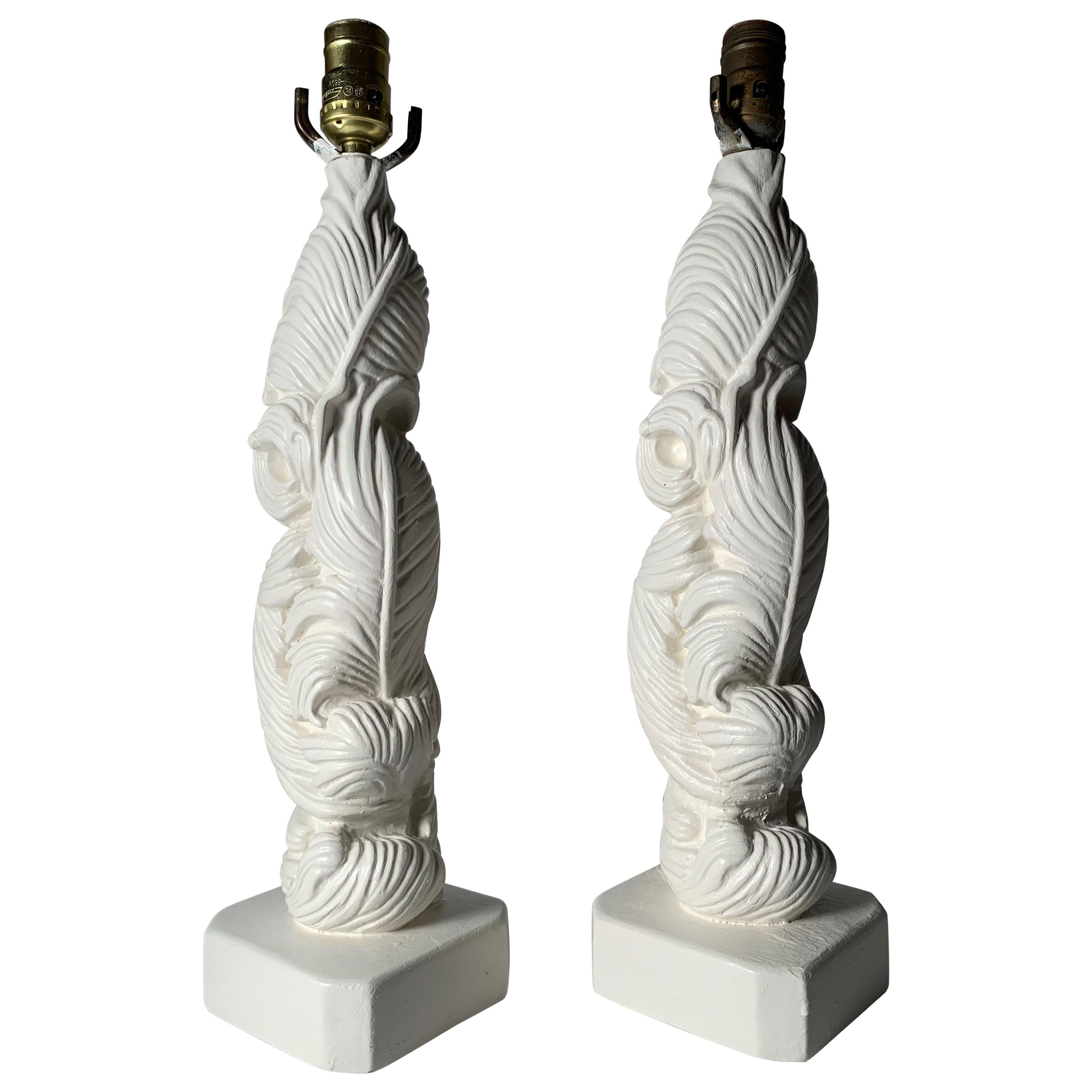 Pair of Vintage Plaster Palm Table Lamps in style of Serge Roche For Sale