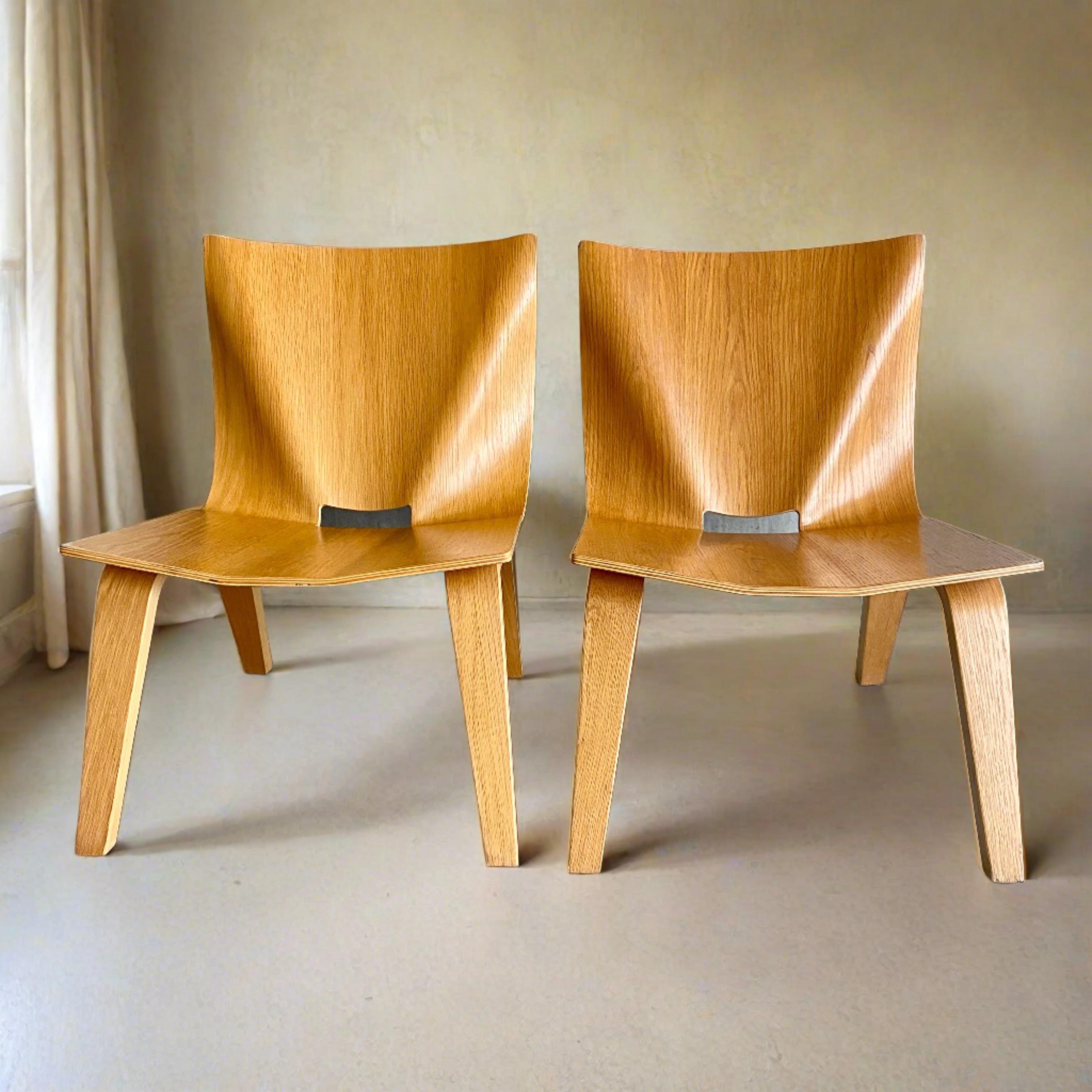 Italian Pair of Vintage Plywood Oak Low Easy Chairs Italy 1990 For Sale