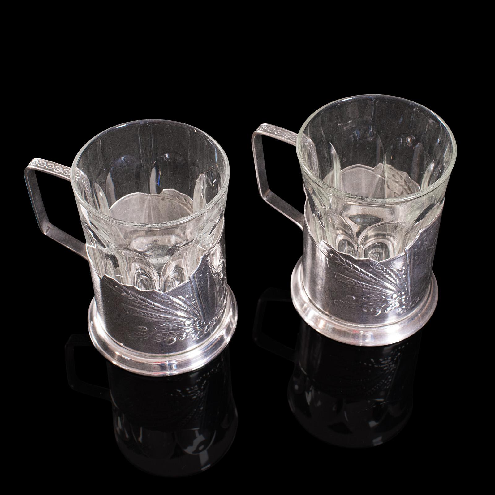 Pair of, Vintage Podstakannik Cups, Russian, Silver Plate, Ussr, Sputnik, 1950 In Good Condition For Sale In Hele, Devon, GB