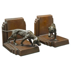 Coppia di fermalibri Pointer d'epoca, bronzo francese, figura di cane, poggia libri, Art Deco