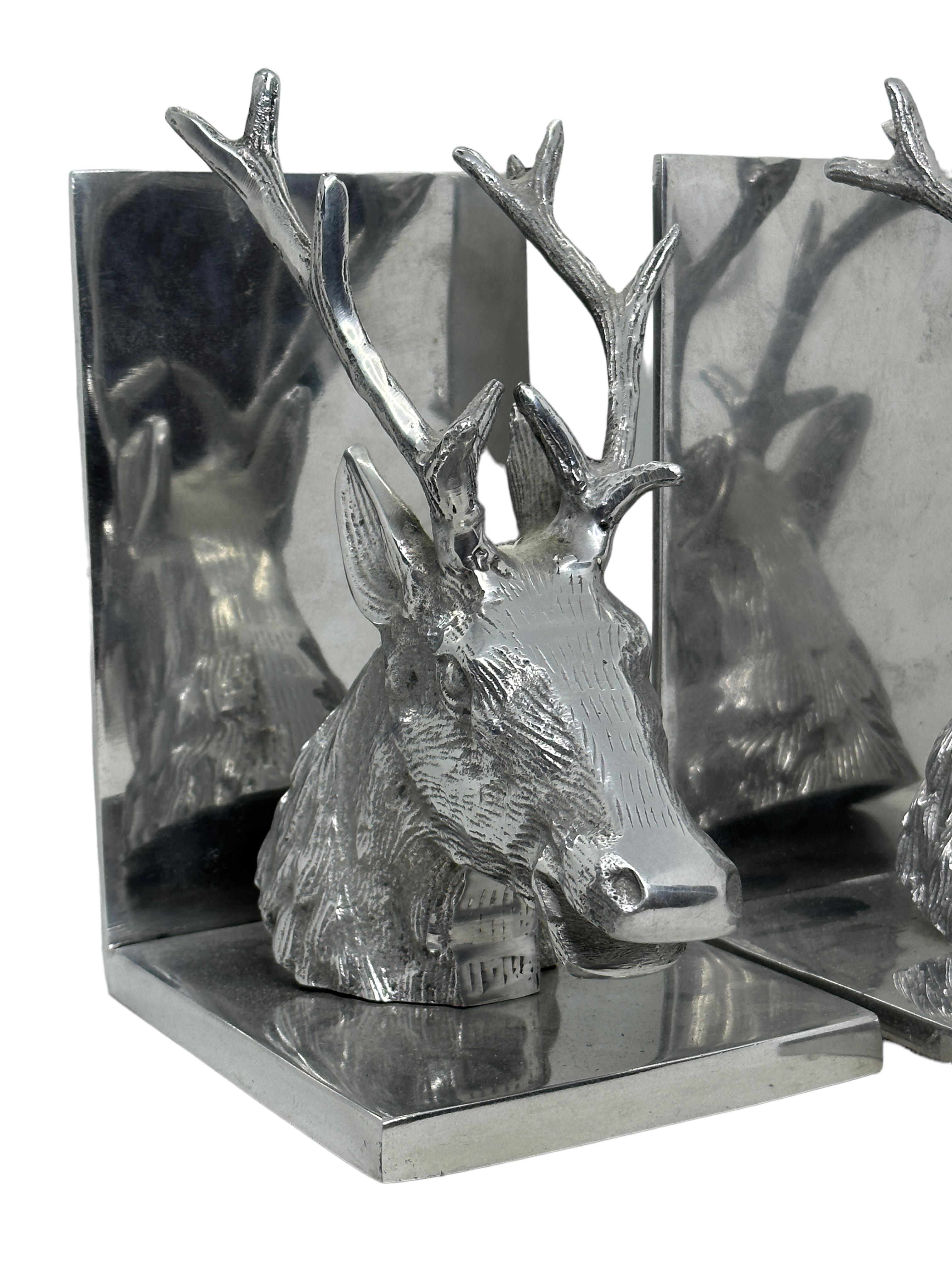 American Craftsman Pair of Vintage Polished Aluminum Deer Bookends, circa 1980s For Sale