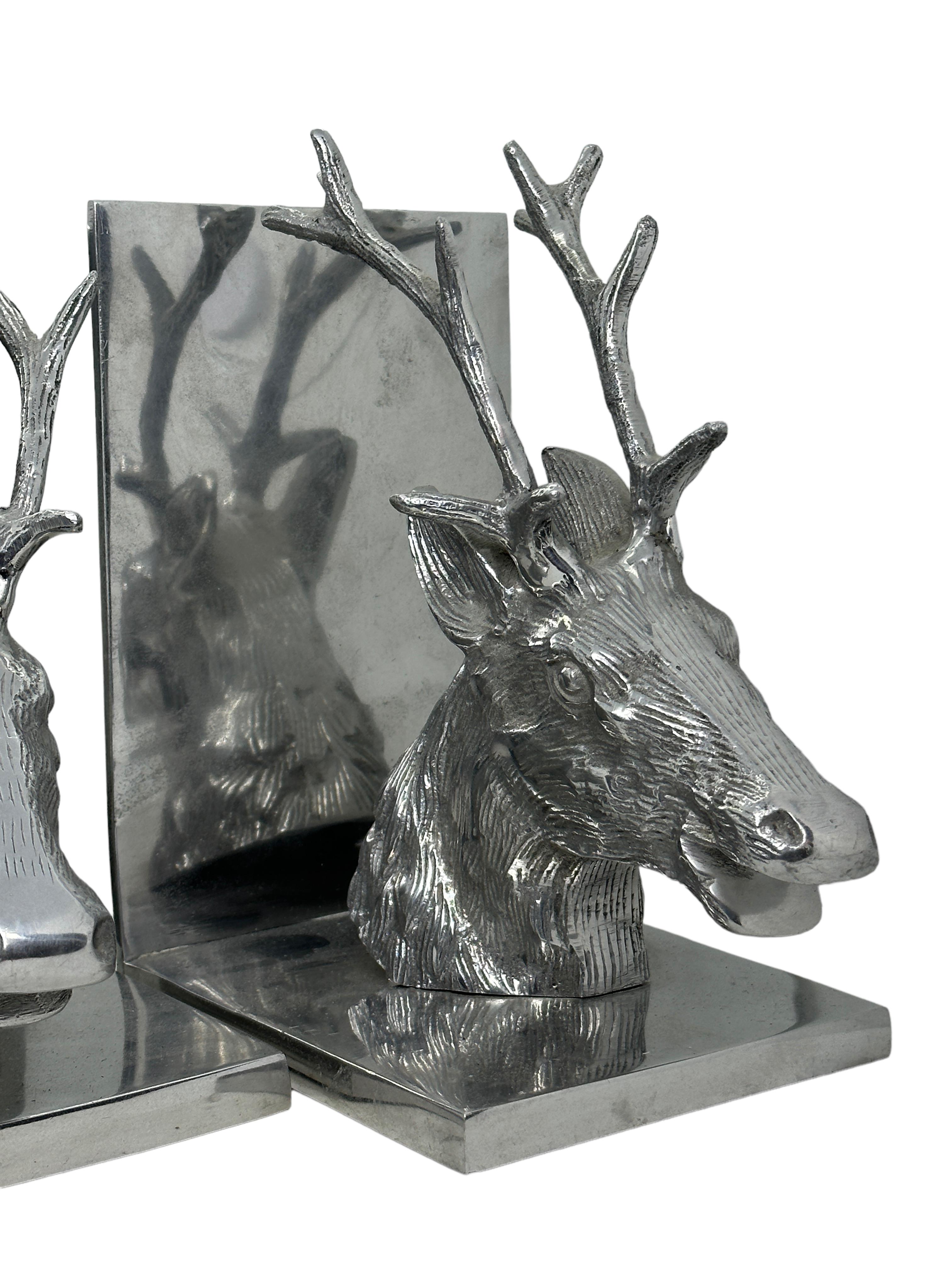 German Pair of Vintage Polished Aluminum Deer Bookends, circa 1980s For Sale