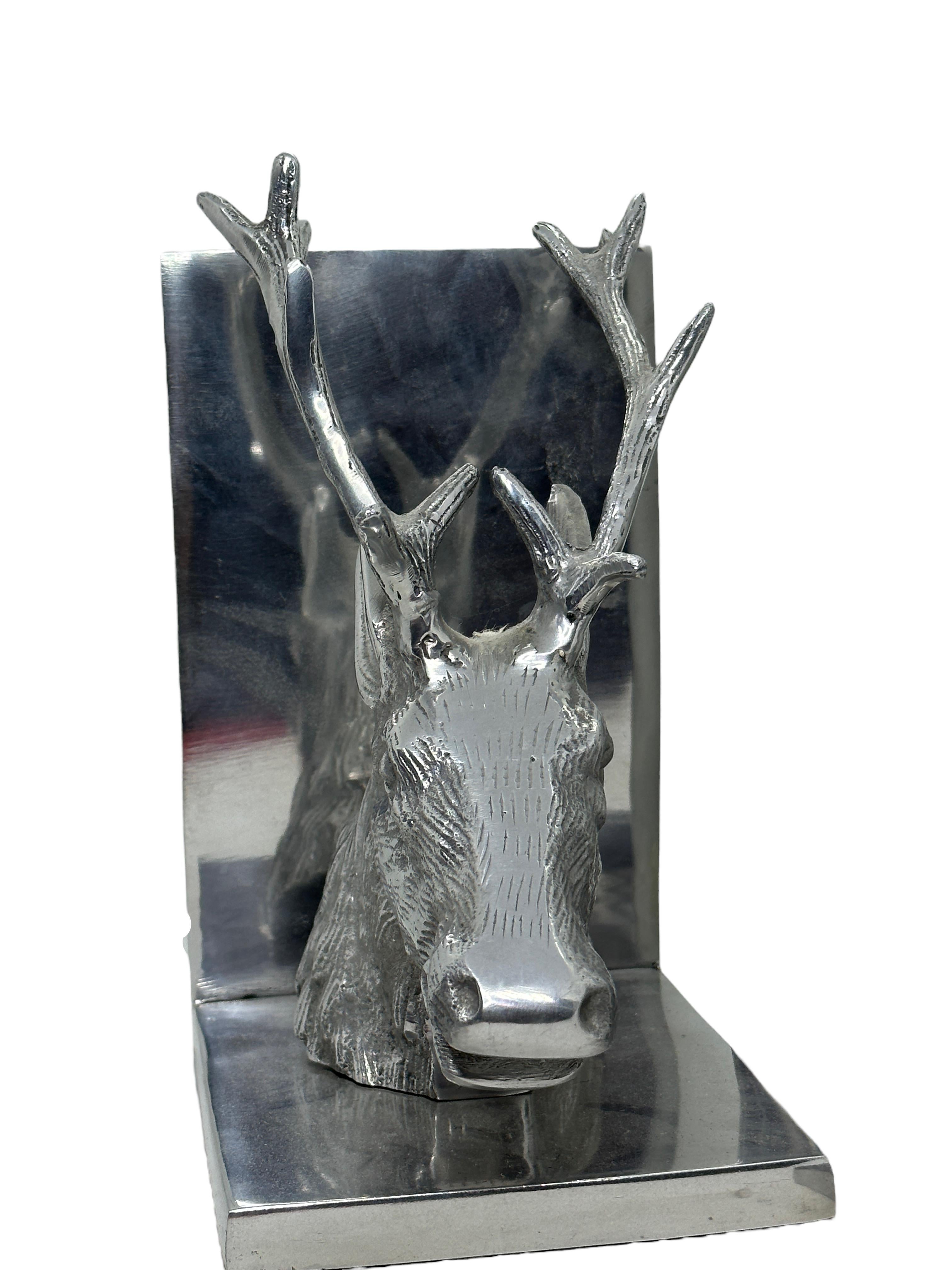 Late 20th Century Pair of Vintage Polished Aluminum Deer Bookends, circa 1980s For Sale