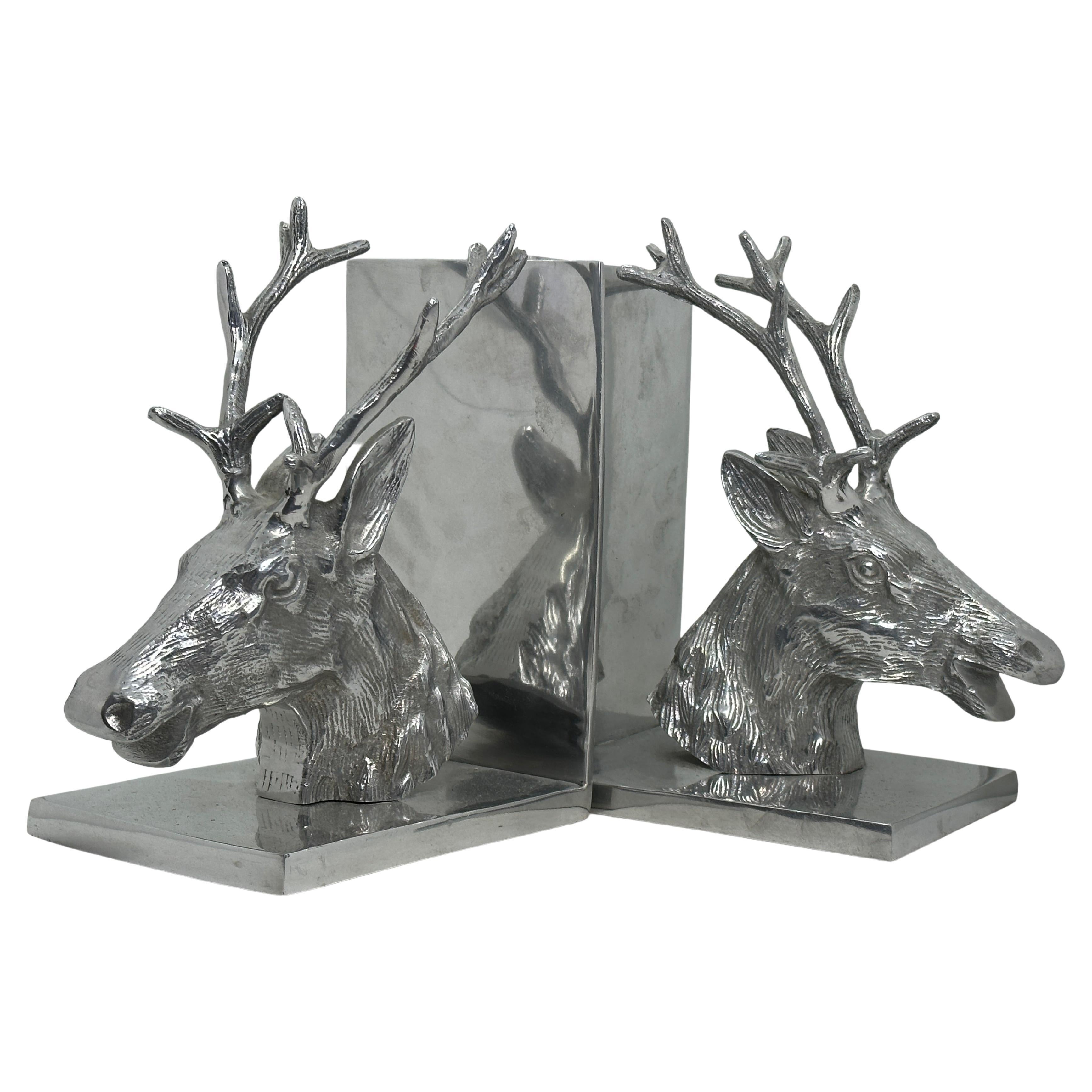 Pair of Vintage Polished Aluminum Deer Bookends, circa 1980s
