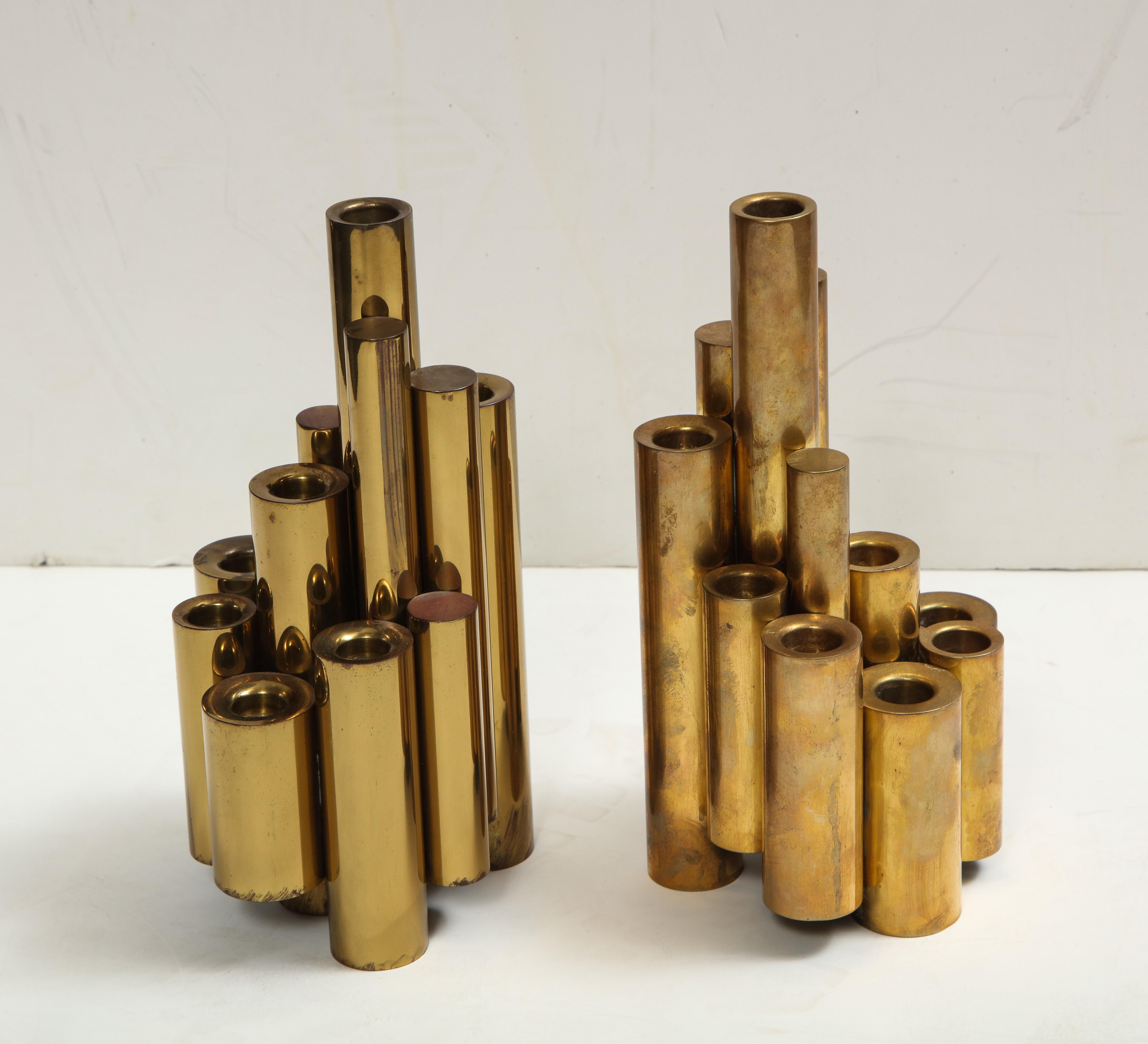 Mid-Century Modern Pair of Vintage Polished Brass Tubular Candleholders in the Style of Gio Ponti For Sale