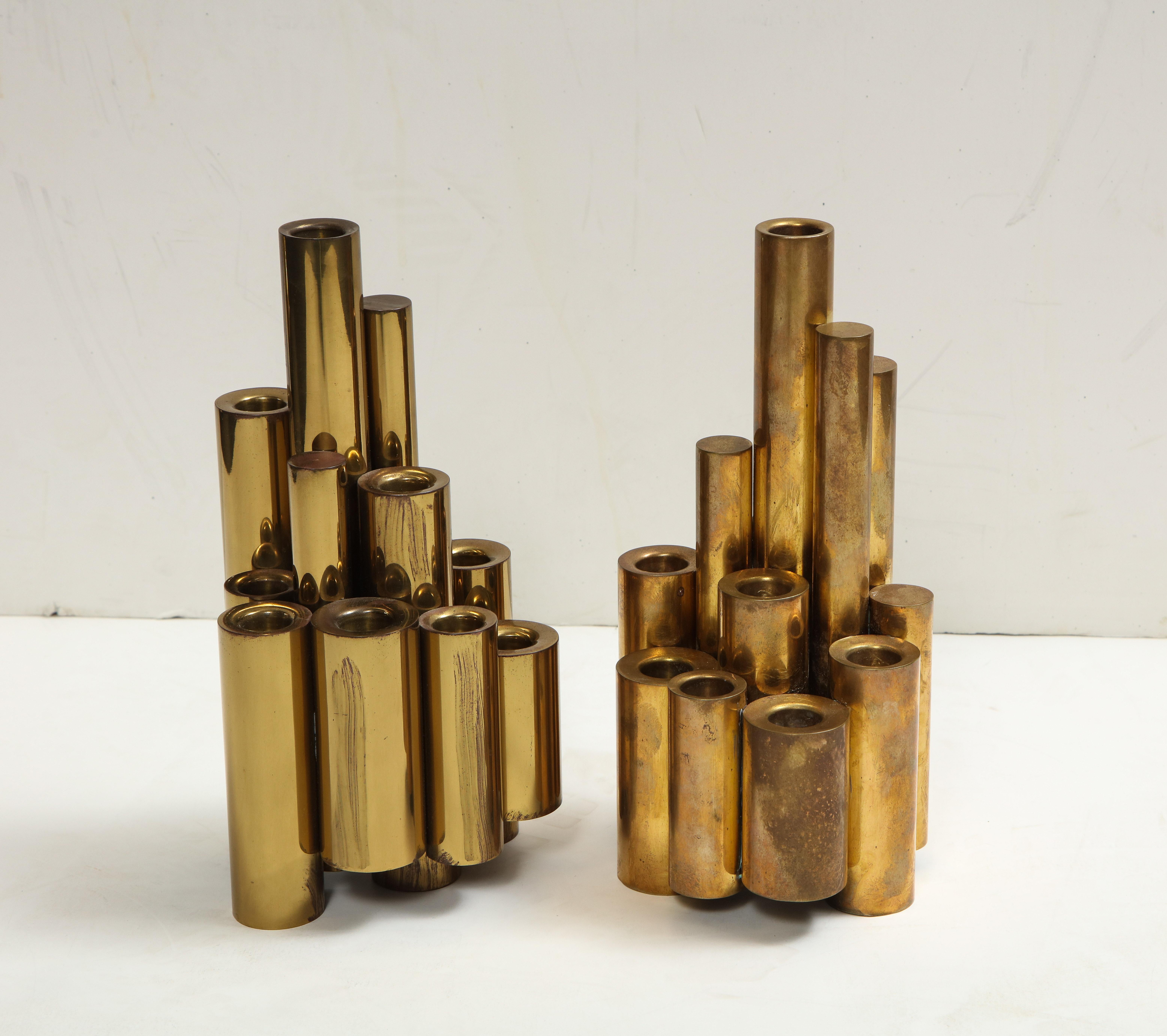 Unknown Pair of Vintage Polished Brass Tubular Candleholders in the Style of Gio Ponti For Sale
