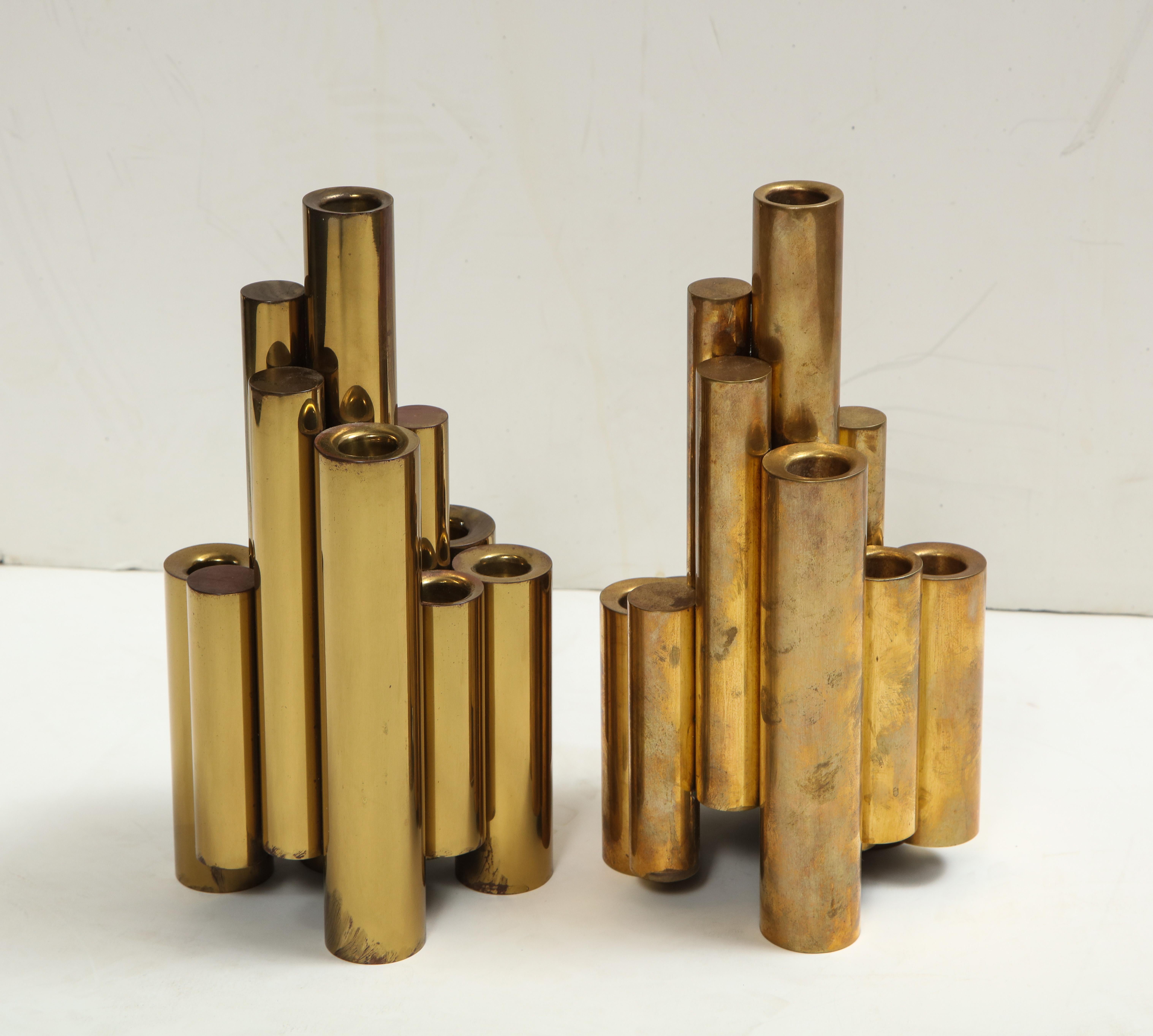 Pair of Vintage Polished Brass Tubular Candleholders in the Style of Gio Ponti In Good Condition For Sale In New York, NY