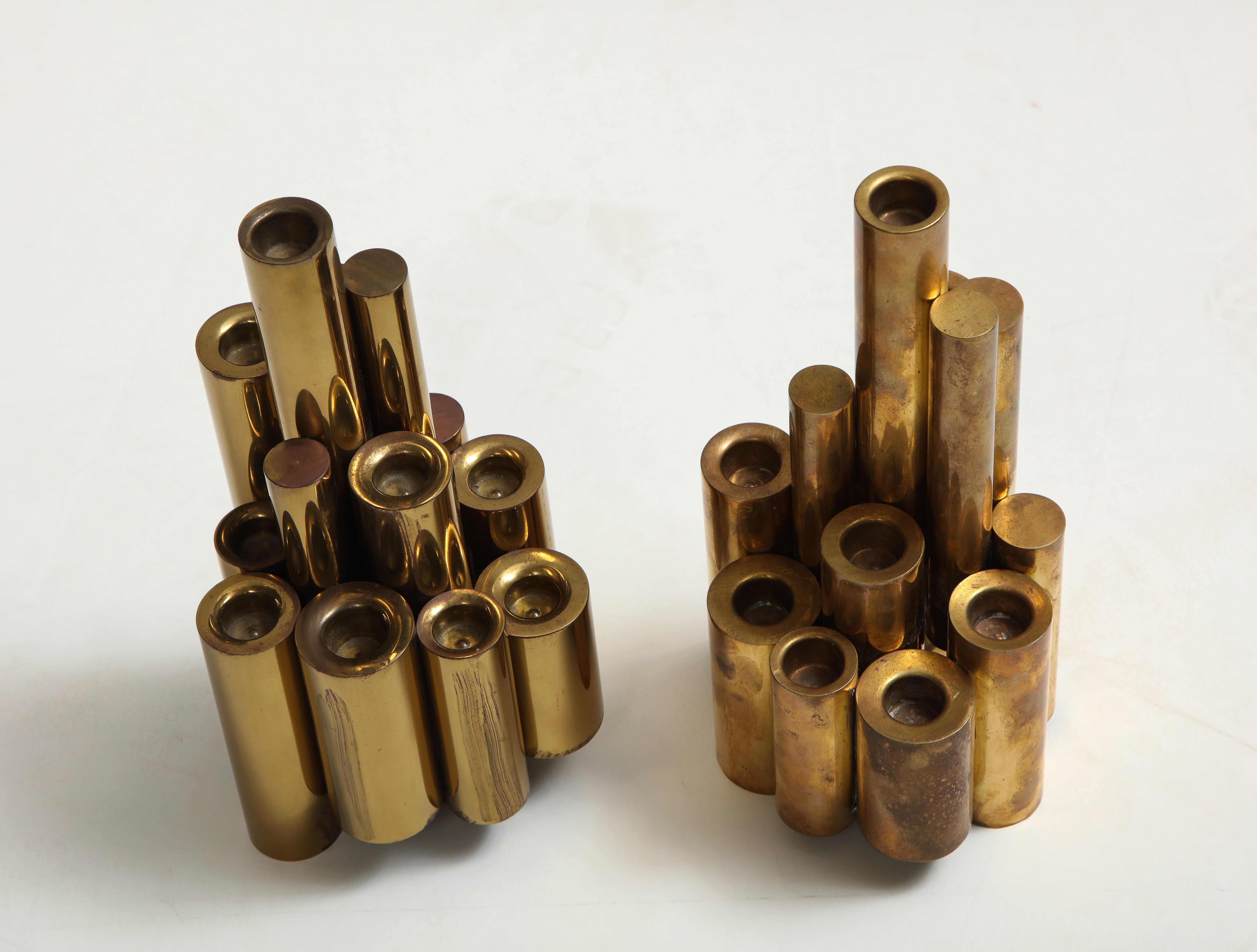 Pair of Vintage Polished Brass Tubular Candleholders in the Style of Gio Ponti In Good Condition For Sale In New York, NY