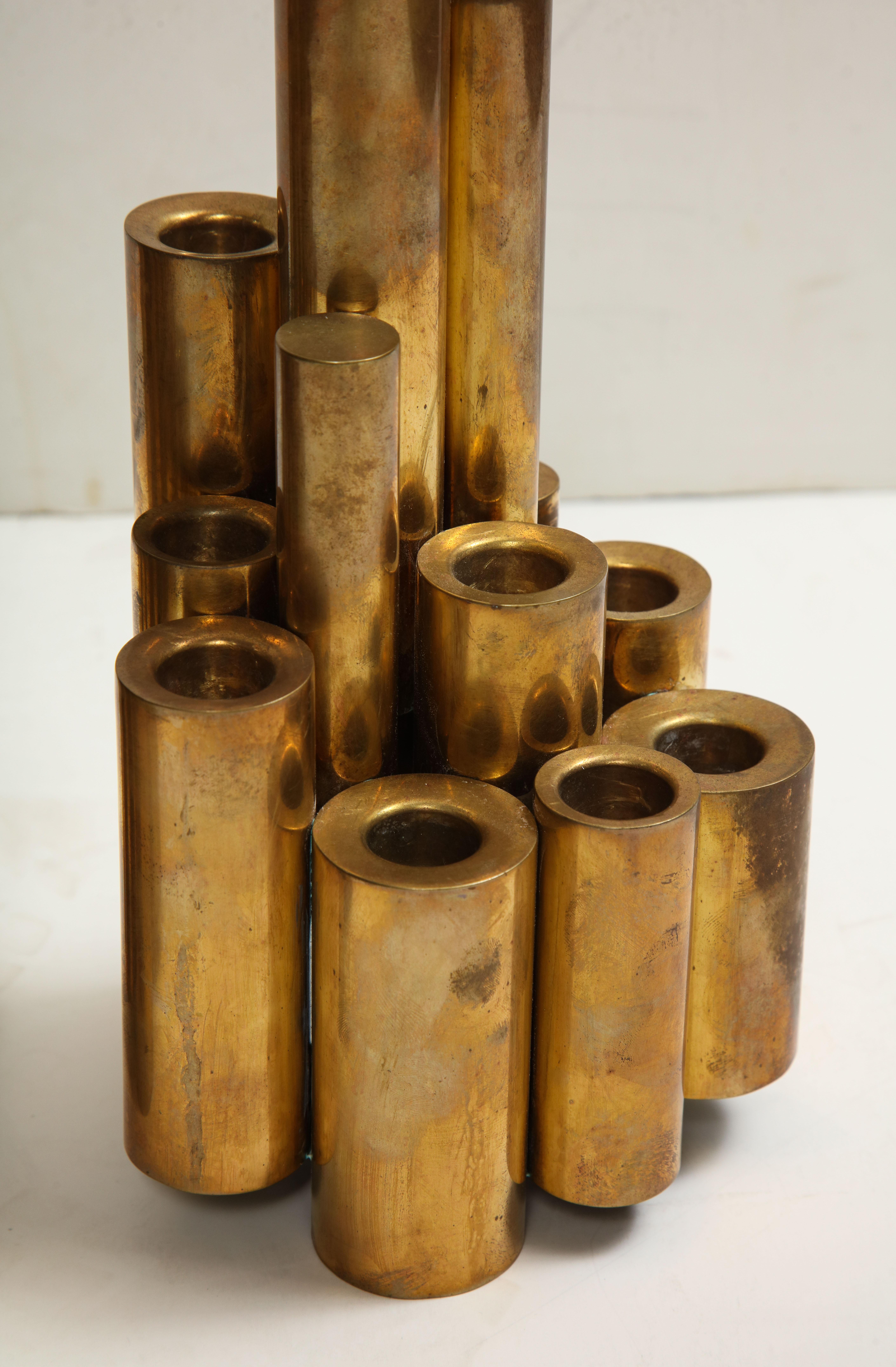 Late 20th Century Pair of Vintage Polished Brass Tubular Candleholders in the Style of Gio Ponti For Sale