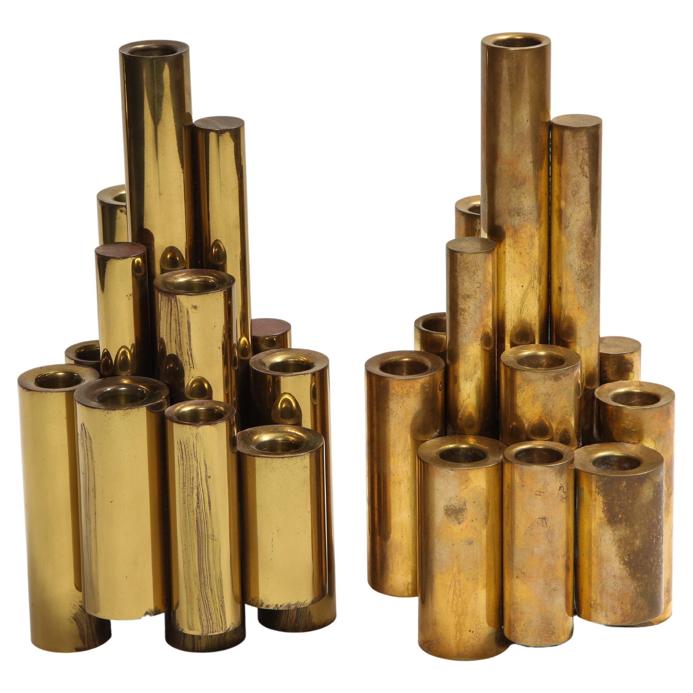 Pair of Vintage Polished Brass Tubular Candleholders in the Style of Gio Ponti