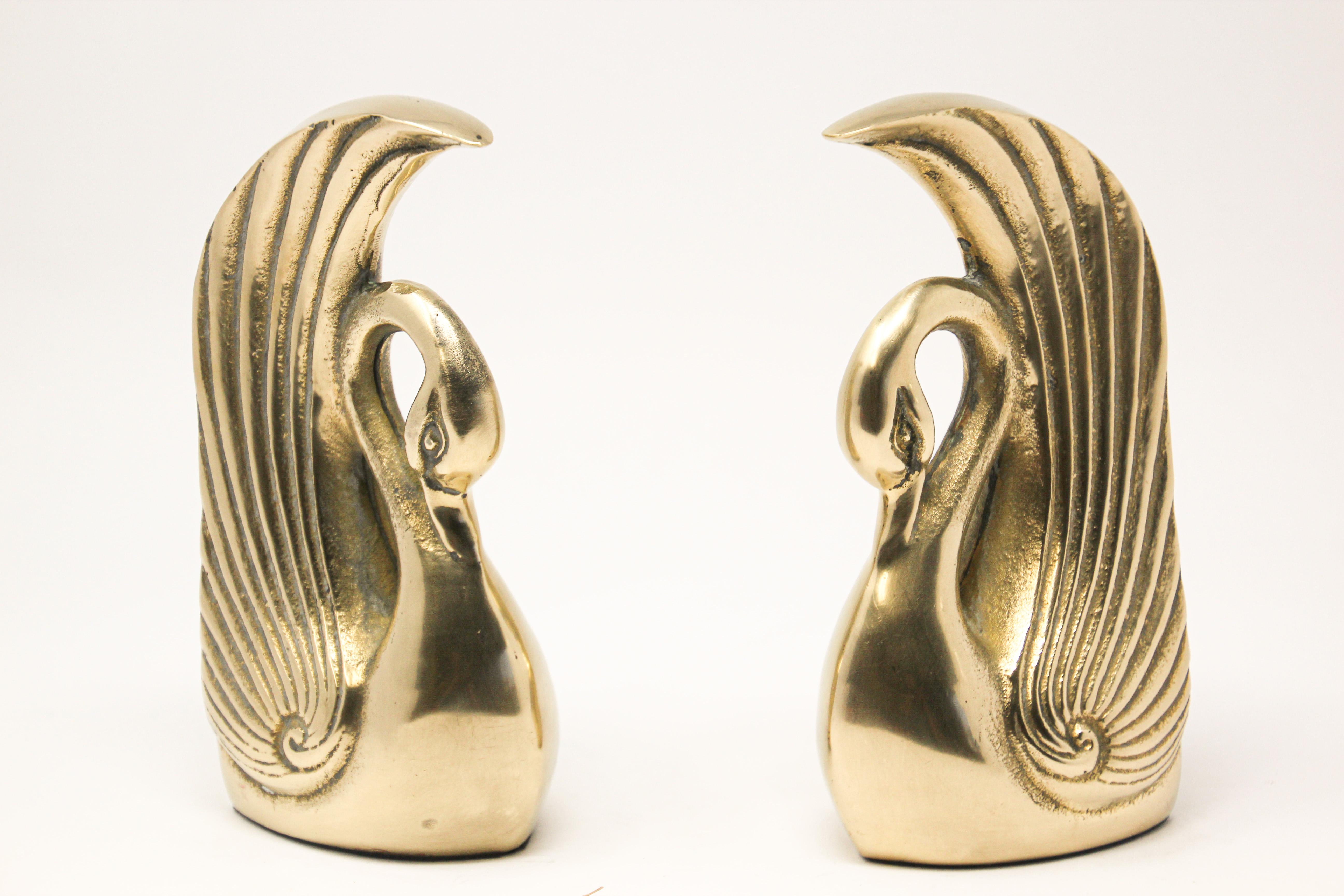 American Pair of Vintage Polished Cast Brass Art Deco Swan Bookends, circa 1950