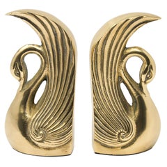 Pair of Vintage Polished Cast Brass Art Deco Swan Bookends, circa 1950